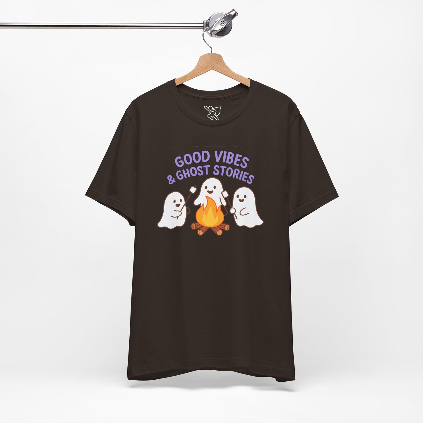 "Good Vibes & Ghost Stories" Unisex Jersey Short Sleeve Shirt for Halloween, Campfire Nights, Cozy Gatherings, Spirit Enthusiasts