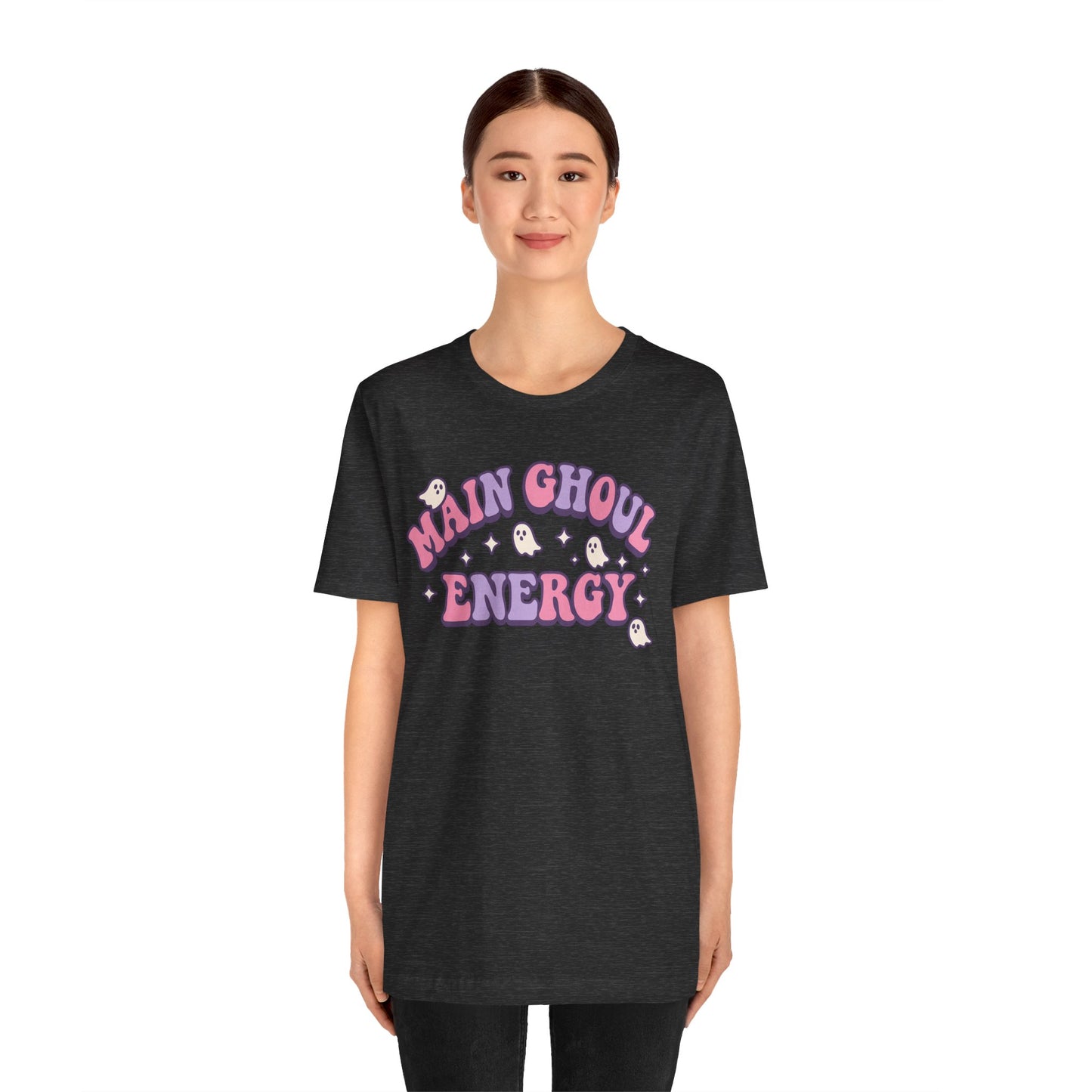 "Main Ghoul Energy" Unisex Short Sleeve T-Shirt, Halloween Party Shirt, Cute Graphic Tee, Gift for Ghost Lovers, Trendy Casual Wear