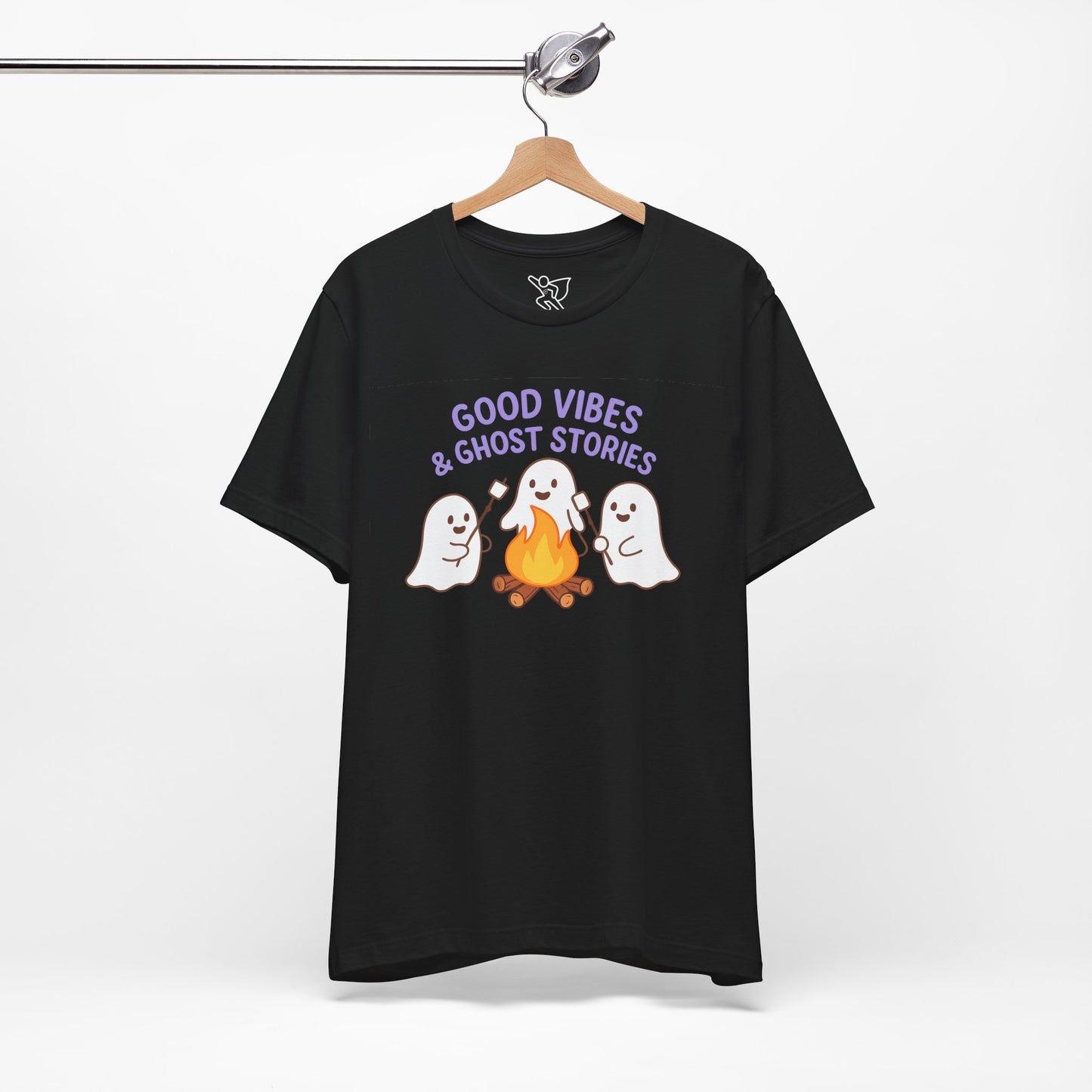 "Good Vibes & Ghost Stories" Unisex Jersey Short Sleeve Shirt for Halloween, Campfire Nights, Cozy Gatherings, Spirit Enthusiasts