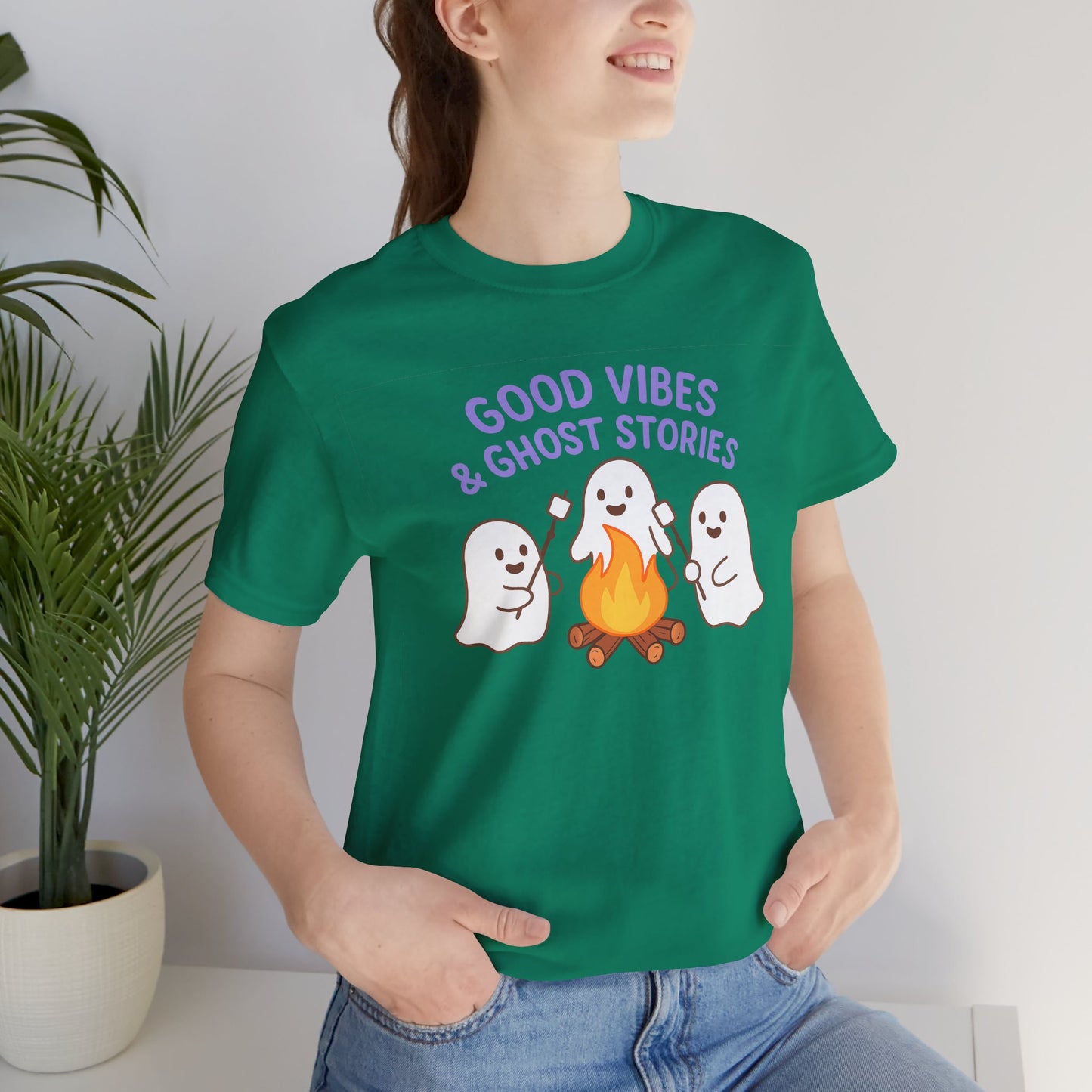 "Good Vibes & Ghost Stories" Unisex Jersey Short Sleeve Shirt for Halloween, Campfire Nights, Cozy Gatherings, Spirit Enthusiasts