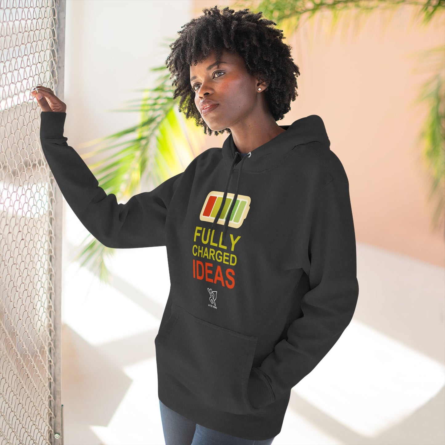"Fully Charged Ideas" Motivational Fleece Sweatshirt, Cozy Gift for Creatives, Perfect for Inspiration, Fun Wear for All Occasions