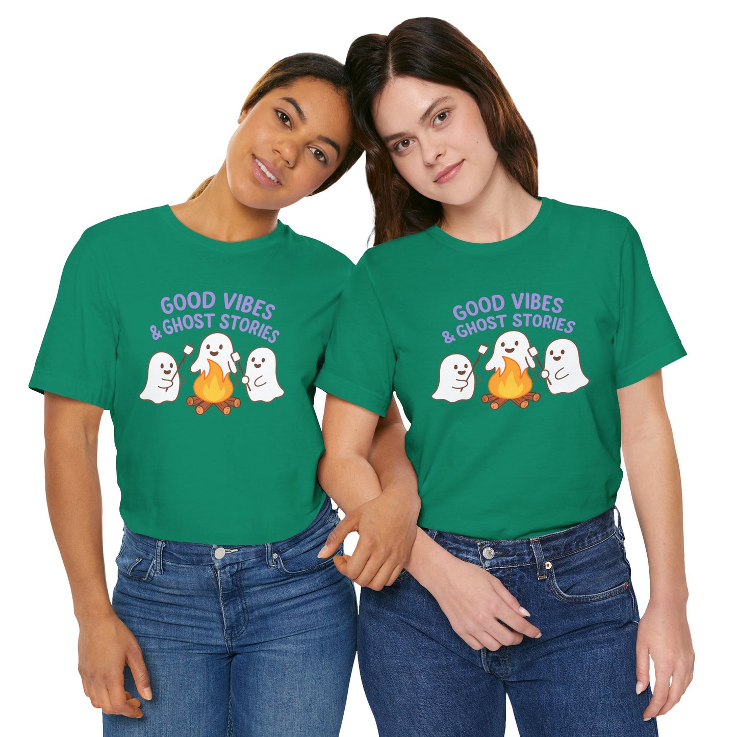 "Good Vibes & Ghost Stories" Unisex Jersey Short Sleeve Shirt for Halloween, Campfire Nights, Cozy Gatherings, Spirit Enthusiasts