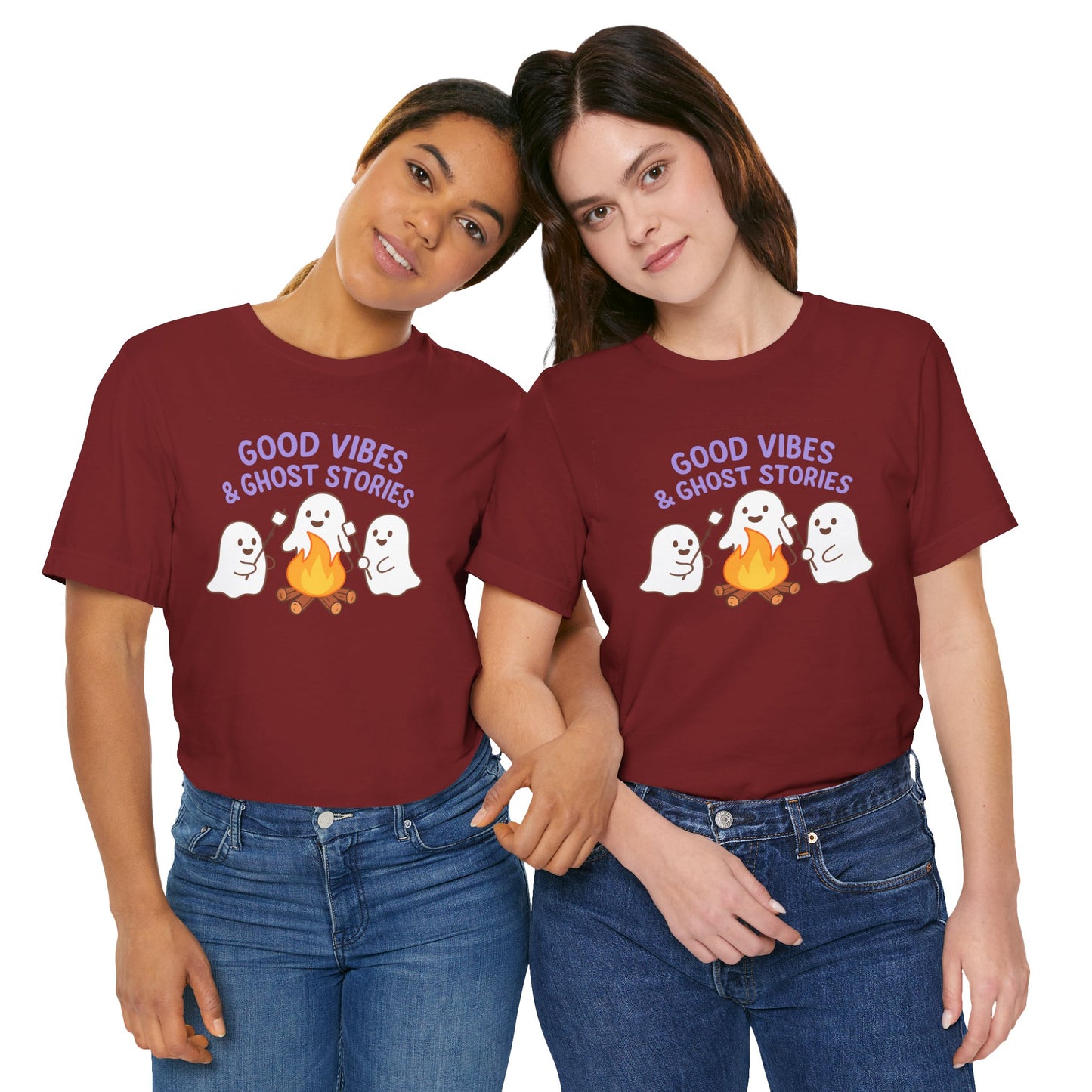"Good Vibes & Ghost Stories" Unisex Jersey Short Sleeve Shirt for Halloween, Campfire Nights, Cozy Gatherings, Spirit Enthusiasts