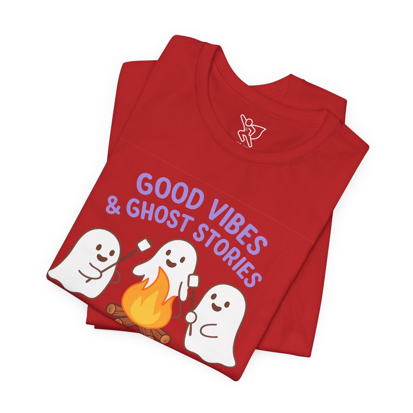 "Good Vibes & Ghost Stories" Unisex Jersey Short Sleeve Shirt for Halloween, Campfire Nights, Cozy Gatherings, Spirit Enthusiasts