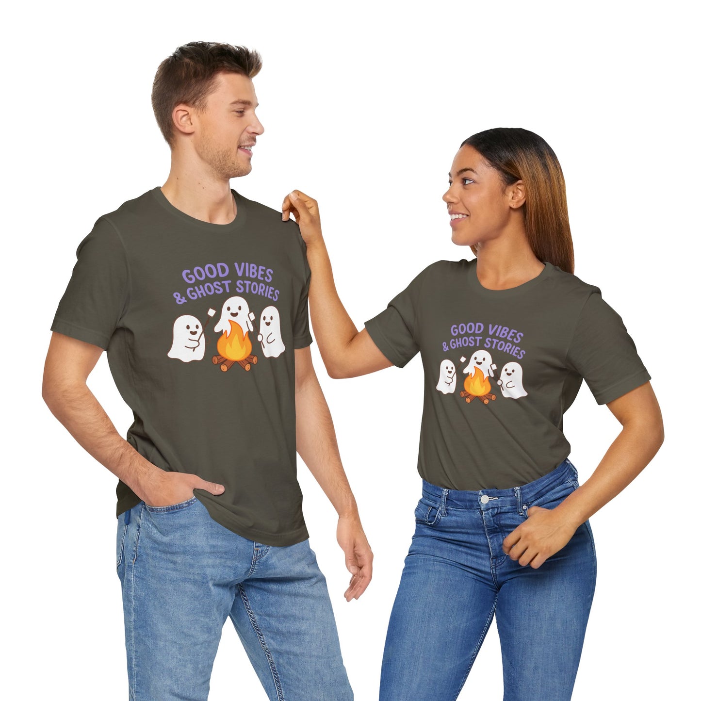 "Good Vibes & Ghost Stories" Unisex Jersey Short Sleeve Shirt for Halloween, Campfire Nights, Cozy Gatherings, Spirit Enthusiasts