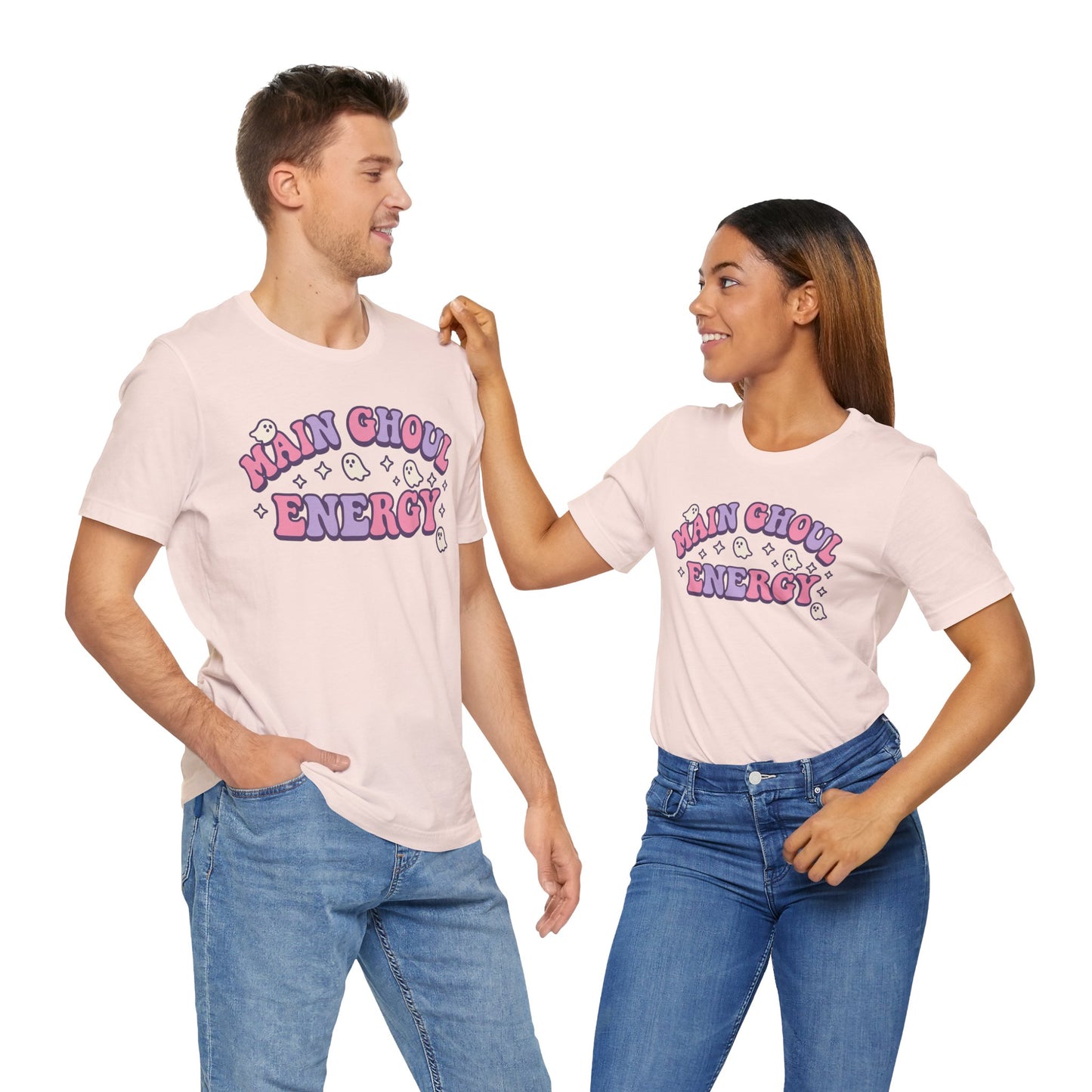 "Main Ghoul Energy" Unisex Short Sleeve T-Shirt, Halloween Party Shirt, Cute Graphic Tee, Gift for Ghost Lovers, Trendy Casual Wear