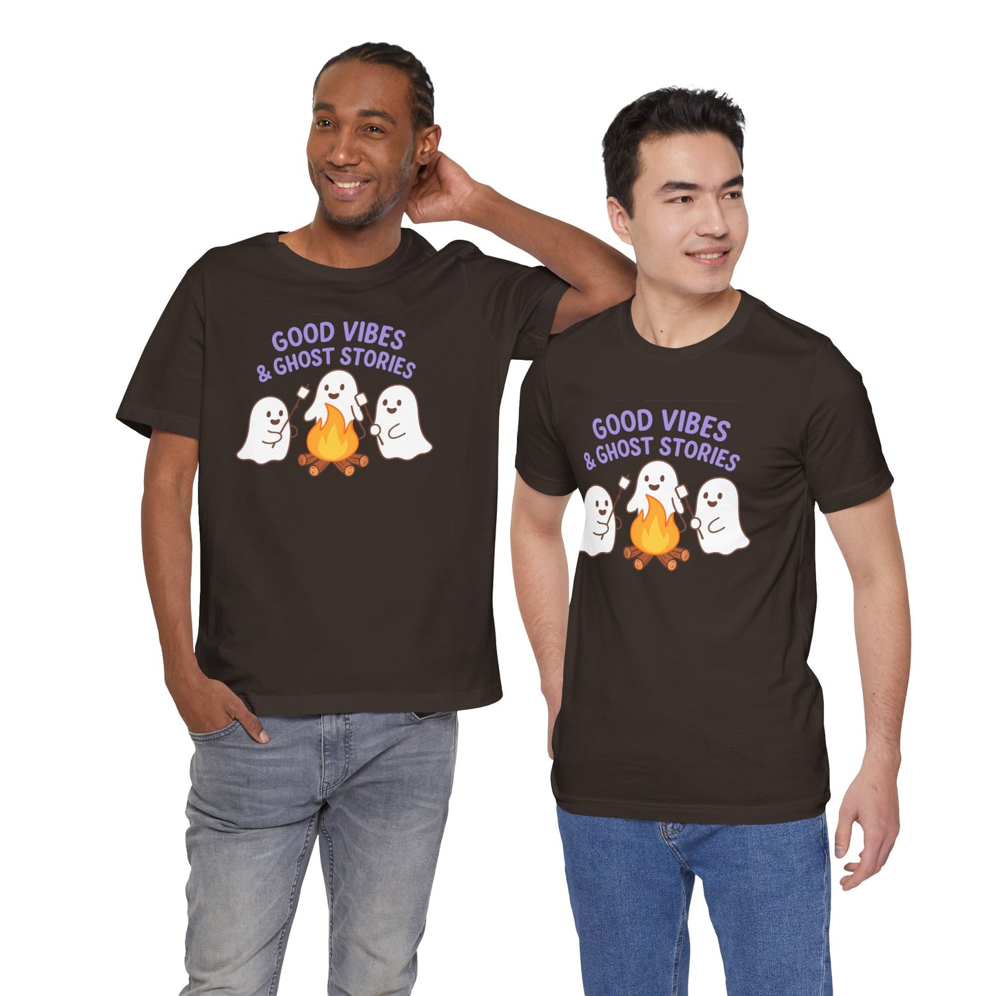 "Good Vibes & Ghost Stories" Unisex Jersey Short Sleeve Shirt for Halloween, Campfire Nights, Cozy Gatherings, Spirit Enthusiasts