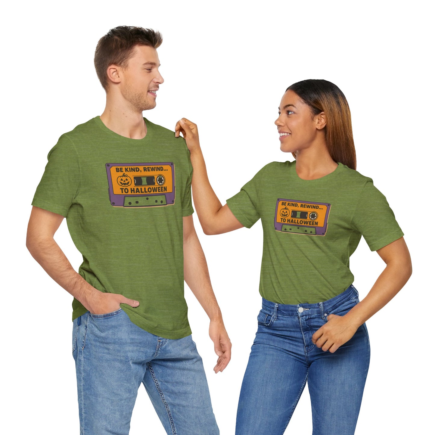 "Be Kind, Rewind to Halloween" T-Shirt, Unisex Casual Wear, Spooky Season Top, Vintage Style Shirt