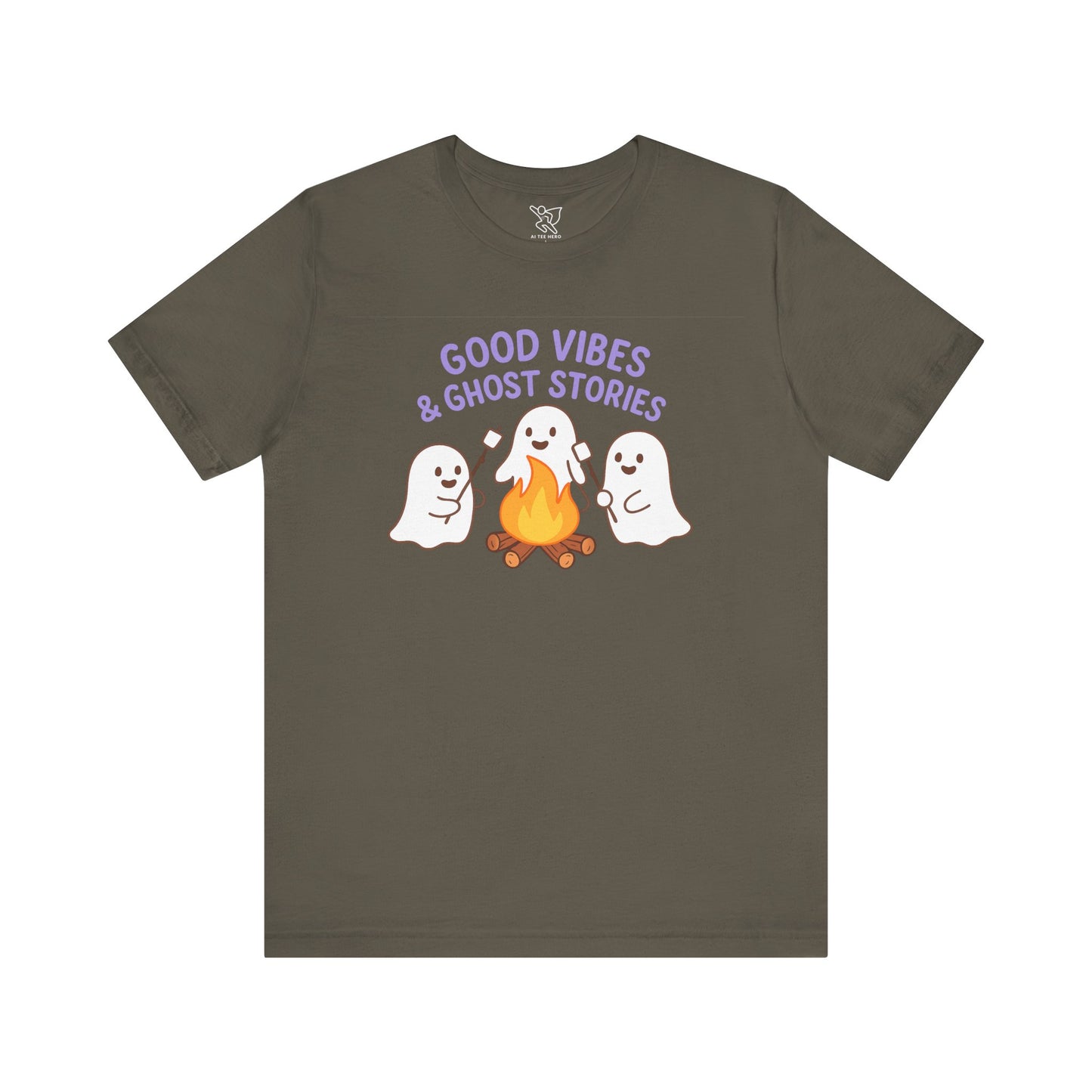 "Good Vibes & Ghost Stories" Unisex Jersey Short Sleeve Shirt for Halloween, Campfire Nights, Cozy Gatherings, Spirit Enthusiasts