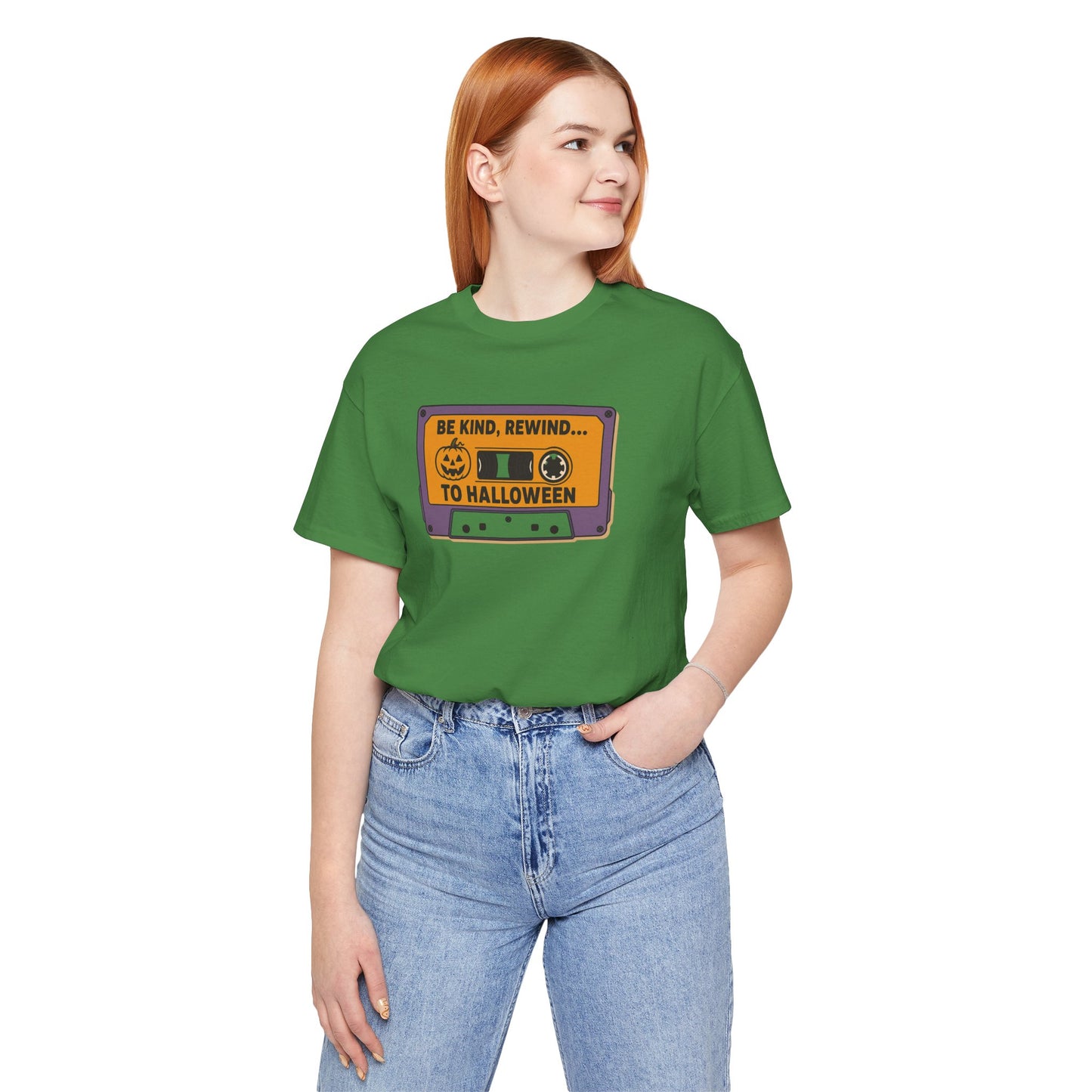 "Be Kind, Rewind to Halloween" T-Shirt, Unisex Casual Wear, Spooky Season Top, Vintage Style Shirt