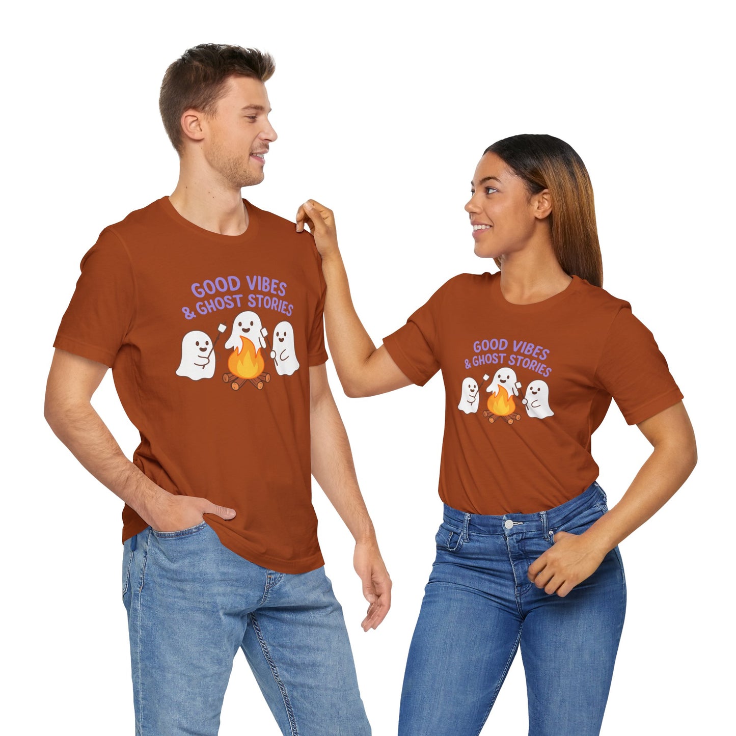 "Good Vibes & Ghost Stories" Unisex Jersey Short Sleeve Shirt for Halloween, Campfire Nights, Cozy Gatherings, Spirit Enthusiasts