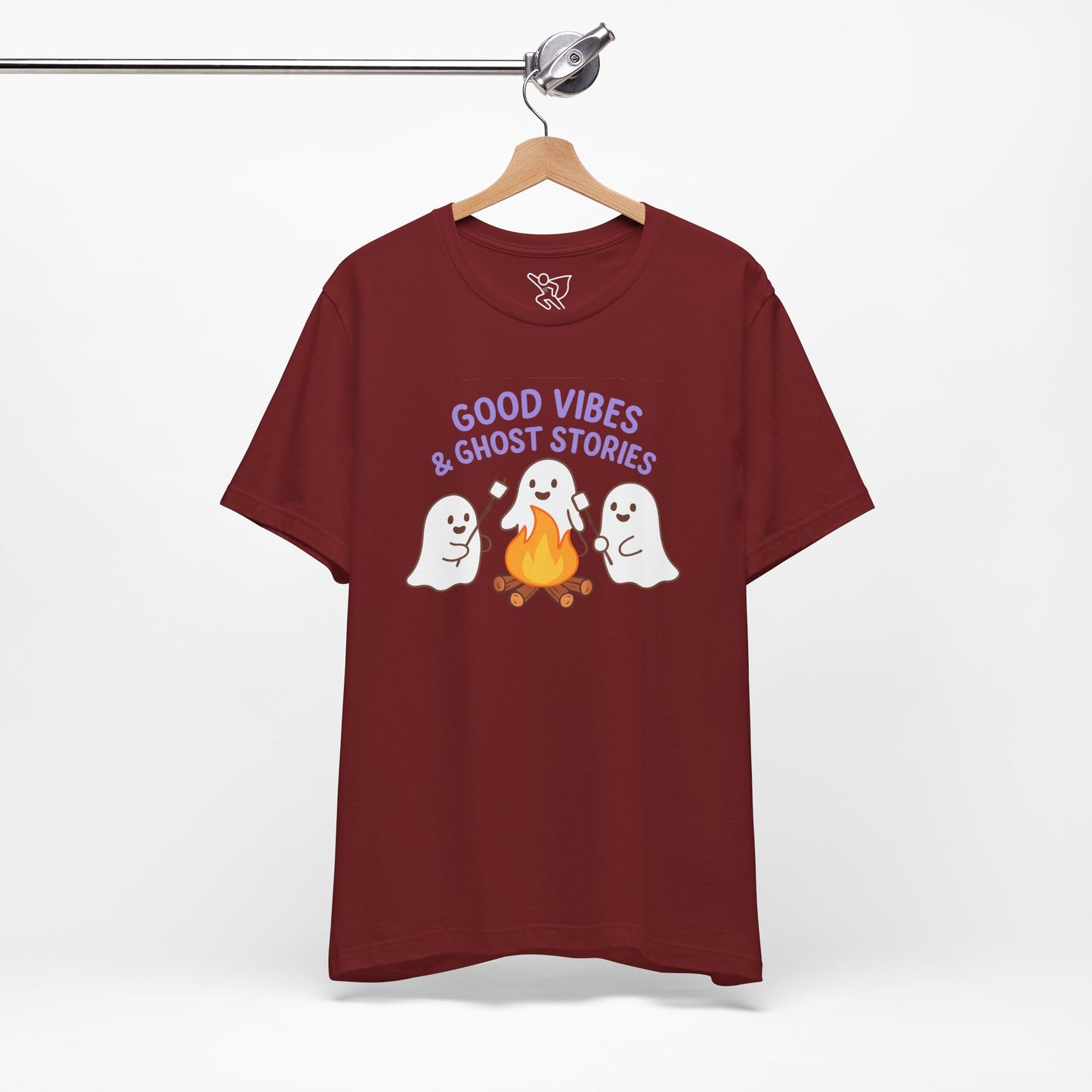 "Good Vibes & Ghost Stories" Unisex Jersey Short Sleeve Shirt for Halloween, Campfire Nights, Cozy Gatherings, Spirit Enthusiasts