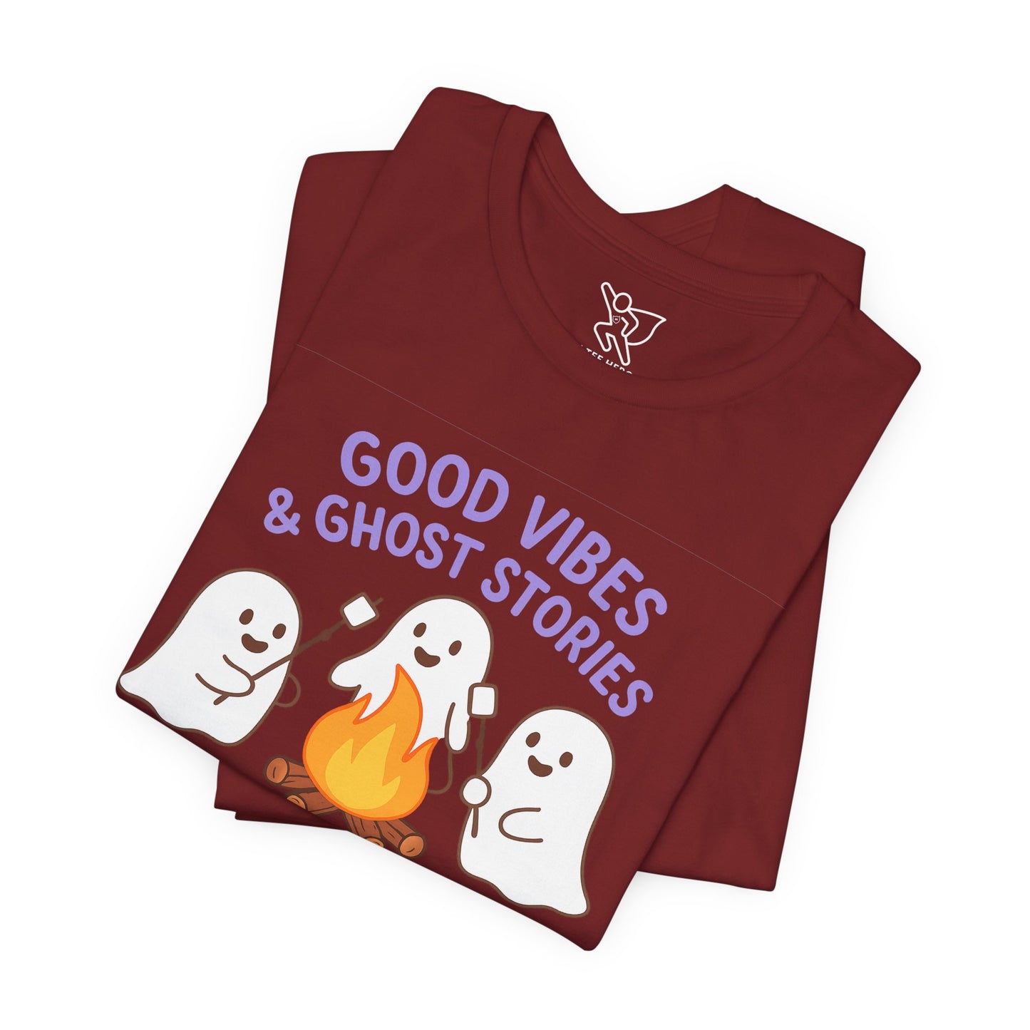 "Good Vibes & Ghost Stories" Unisex Jersey Short Sleeve Shirt for Halloween, Campfire Nights, Cozy Gatherings, Spirit Enthusiasts