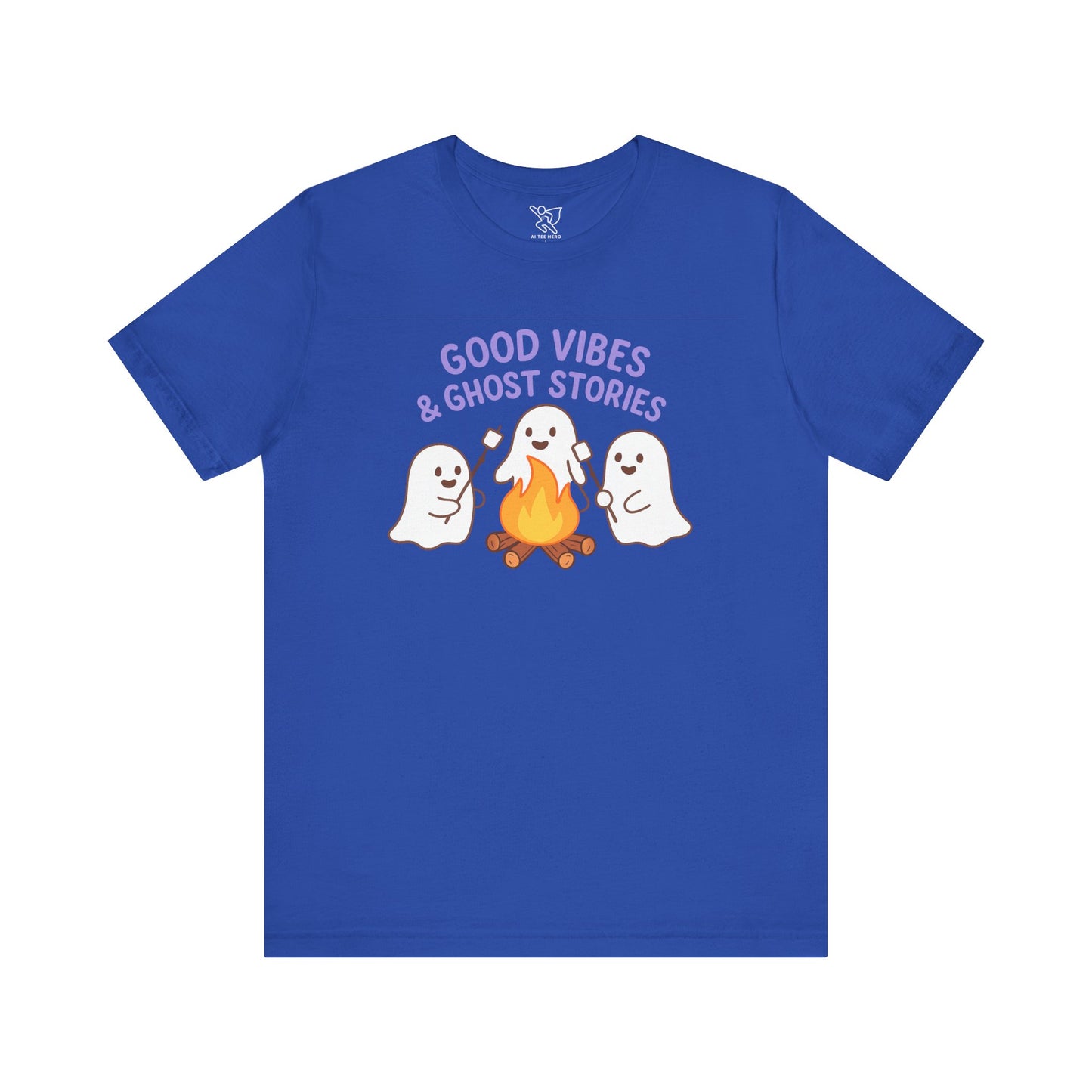 "Good Vibes & Ghost Stories" Unisex Jersey Short Sleeve Shirt for Halloween, Campfire Nights, Cozy Gatherings, Spirit Enthusiasts