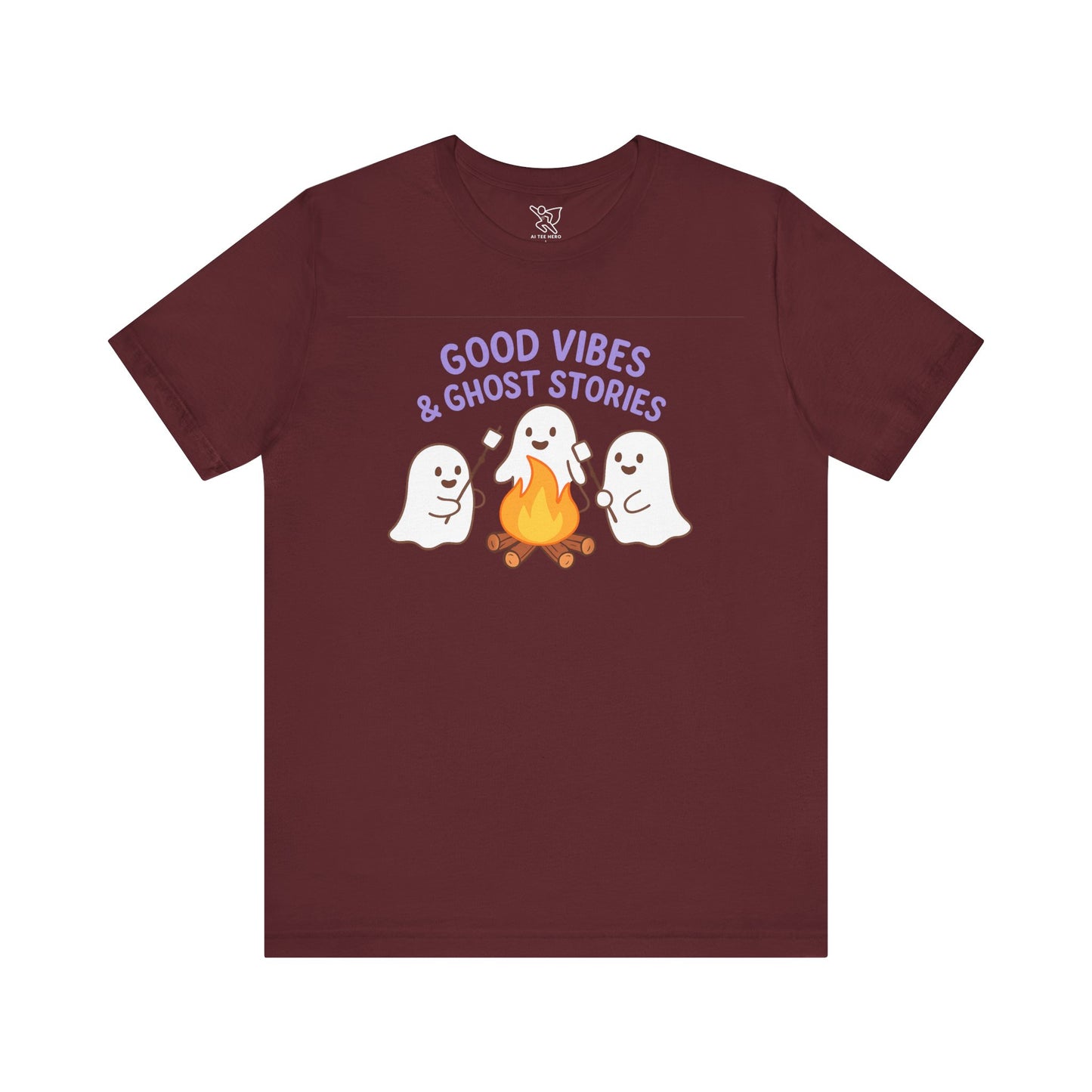 "Good Vibes & Ghost Stories" Unisex Jersey Short Sleeve Shirt for Halloween, Campfire Nights, Cozy Gatherings, Spirit Enthusiasts