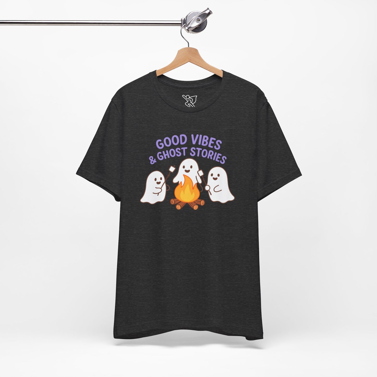 "Good Vibes & Ghost Stories" Unisex Jersey Short Sleeve Shirt for Halloween, Campfire Nights, Cozy Gatherings, Spirit Enthusiasts