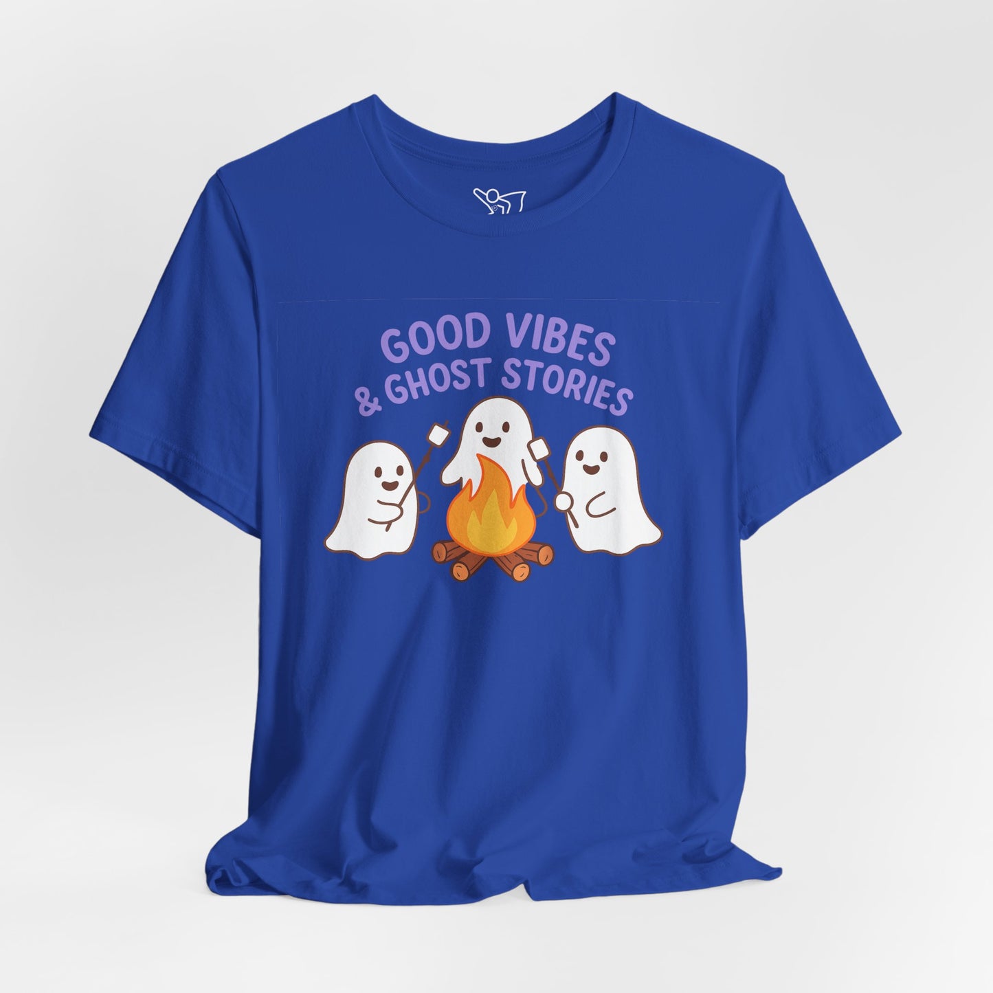 "Good Vibes & Ghost Stories" Unisex Jersey Short Sleeve Shirt for Halloween, Campfire Nights, Cozy Gatherings, Spirit Enthusiasts