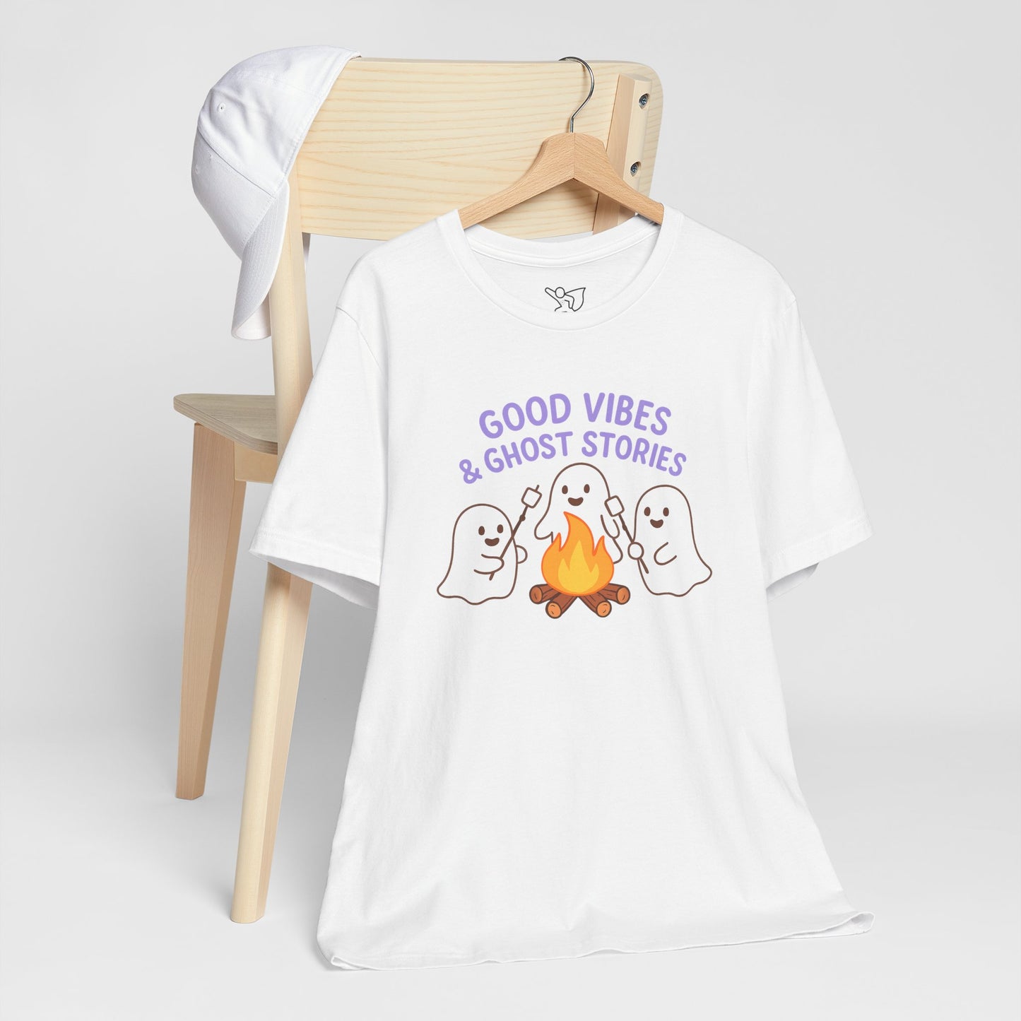 "Good Vibes & Ghost Stories" Unisex Jersey Short Sleeve Shirt for Halloween, Campfire Nights, Cozy Gatherings, Spirit Enthusiasts