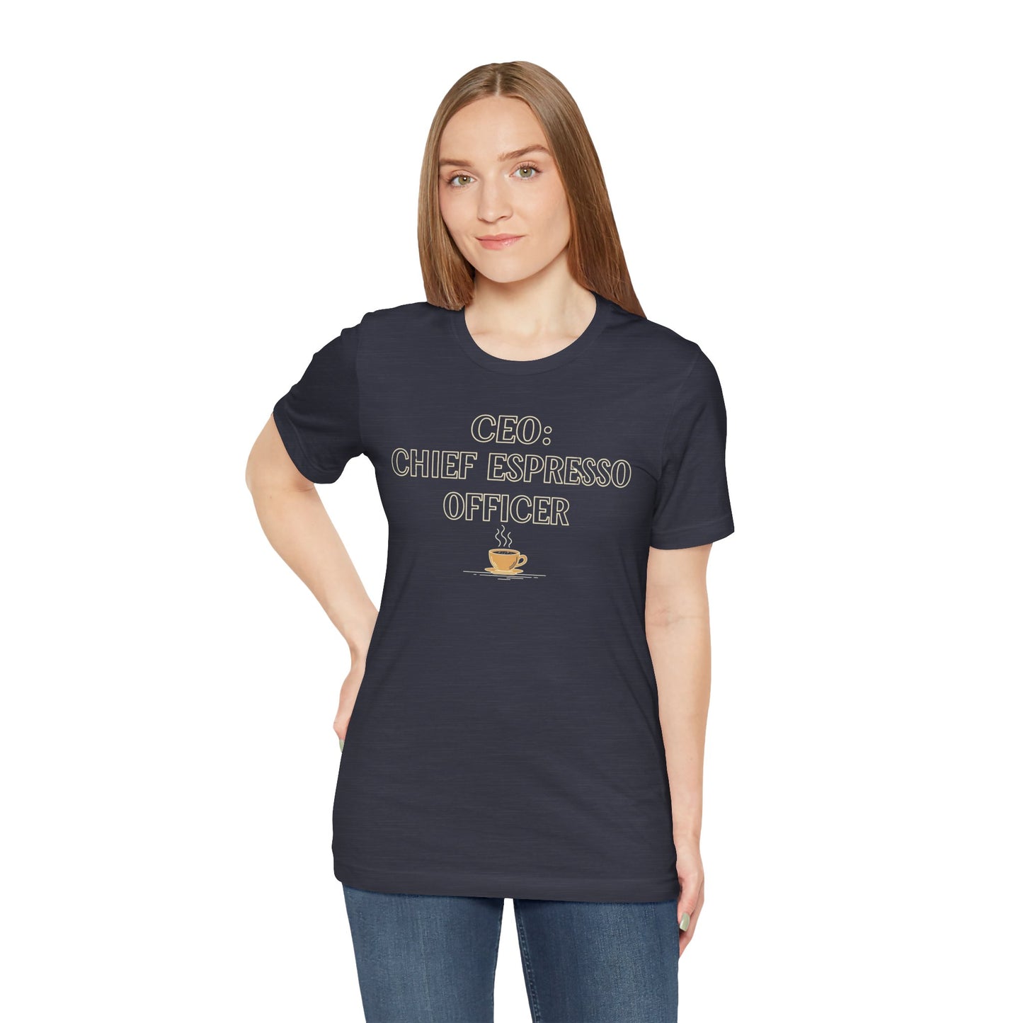"CEO: Chief Espresso Officer" CW-1 Unisex Jersey T-Shirt for Baristas, Funny Coffee Shirt for Gifts, Perfect for Birthdays, Coffee Shop Outfits