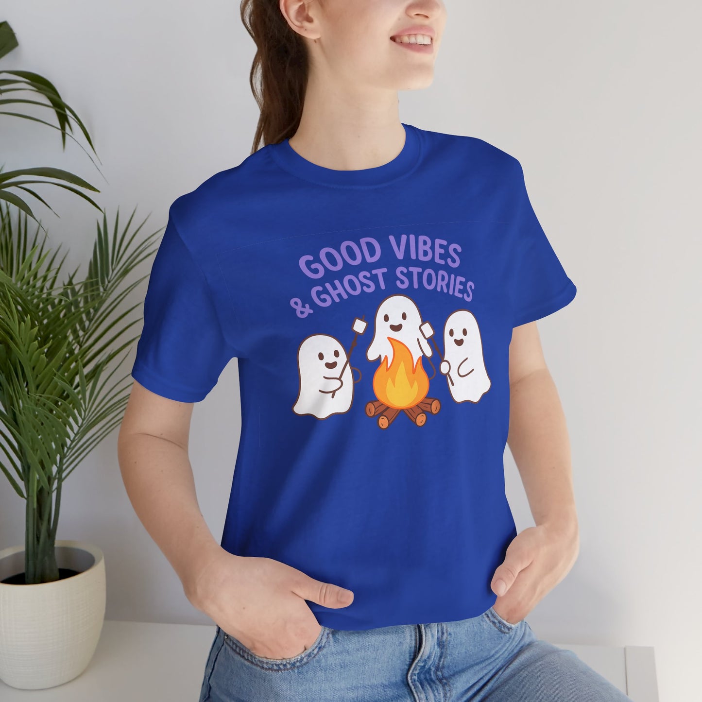 "Good Vibes & Ghost Stories" Unisex Jersey Short Sleeve Shirt for Halloween, Campfire Nights, Cozy Gatherings, Spirit Enthusiasts