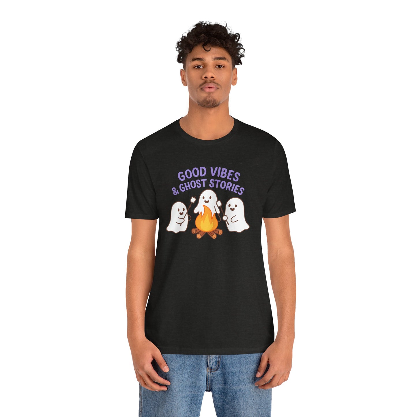 "Good Vibes & Ghost Stories" Unisex Jersey Short Sleeve Shirt for Halloween, Campfire Nights, Cozy Gatherings, Spirit Enthusiasts