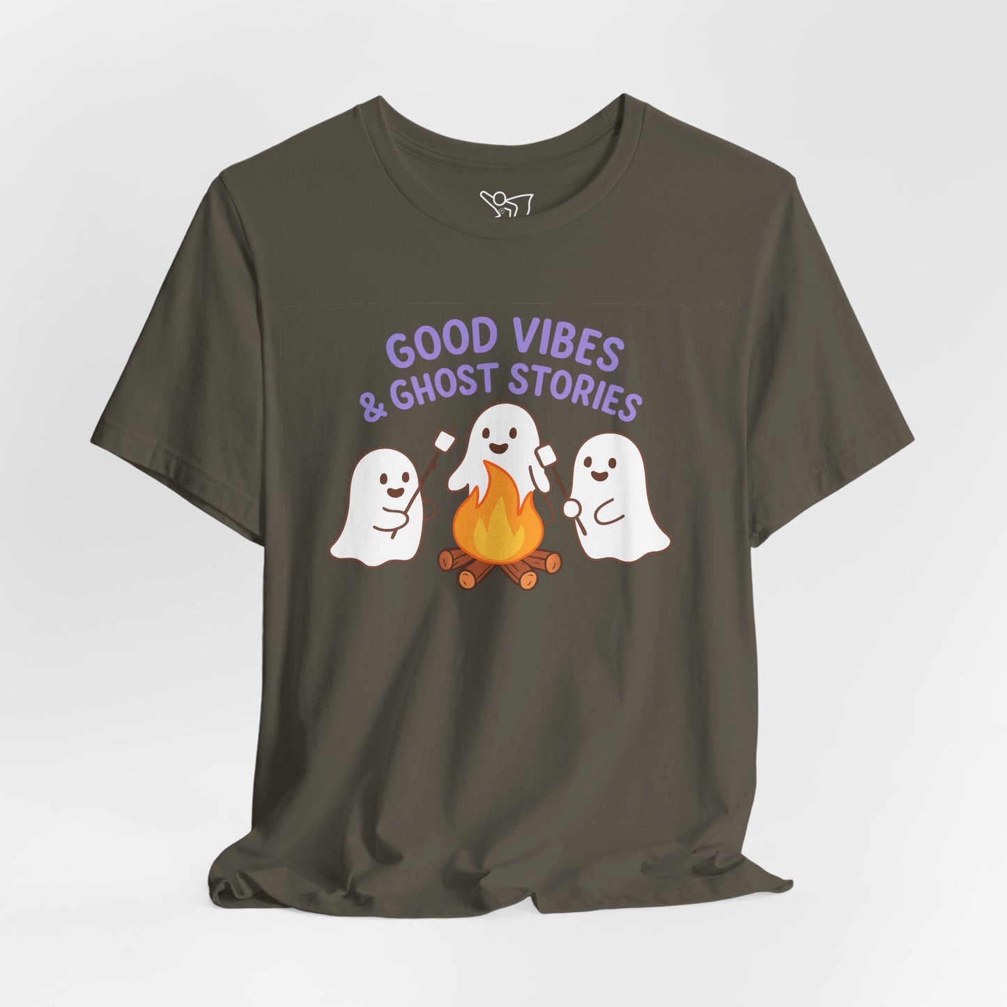 "Good Vibes & Ghost Stories" Unisex Jersey Short Sleeve Shirt for Halloween, Campfire Nights, Cozy Gatherings, Spirit Enthusiasts