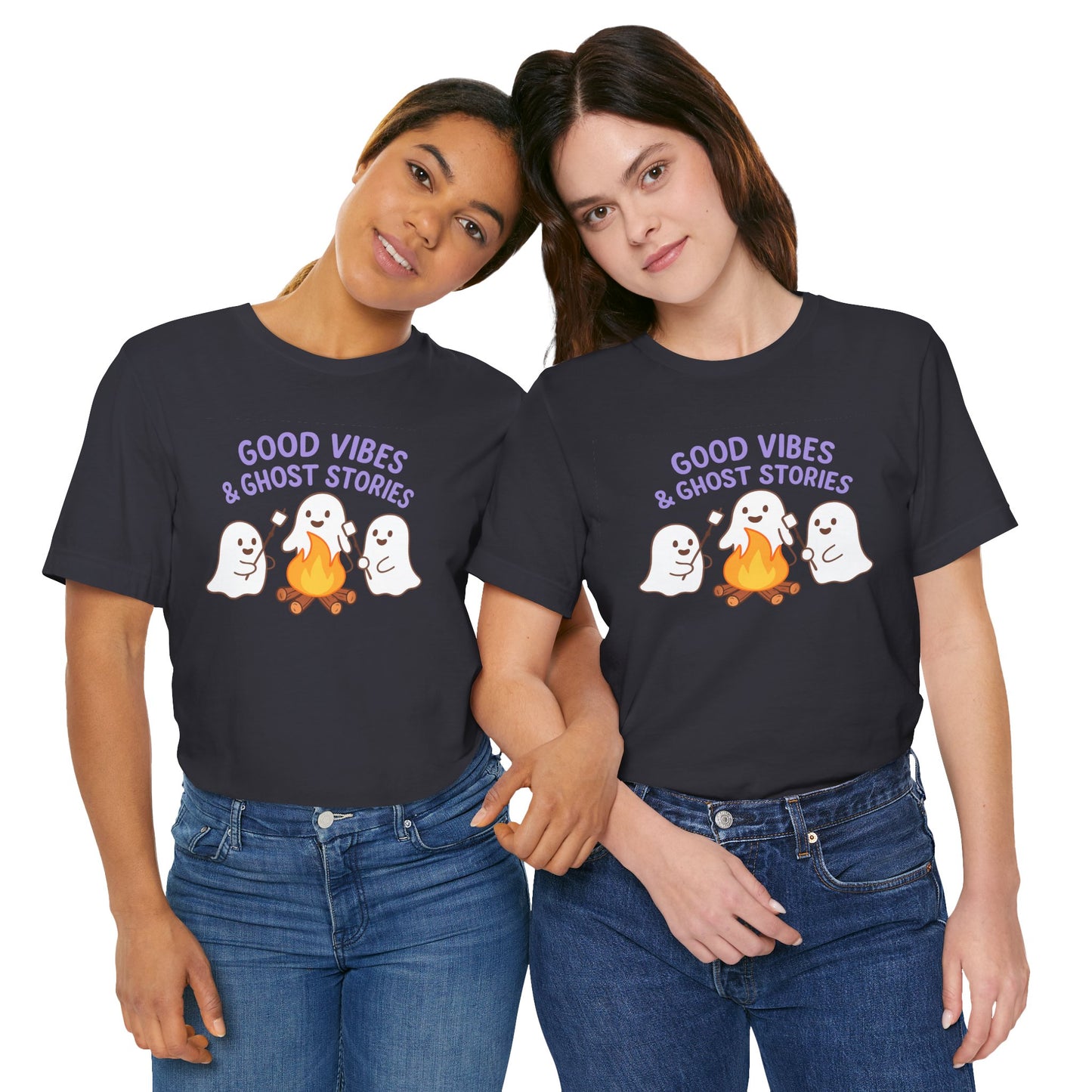 "Good Vibes & Ghost Stories" Unisex Jersey Short Sleeve Shirt for Halloween, Campfire Nights, Cozy Gatherings, Spirit Enthusiasts