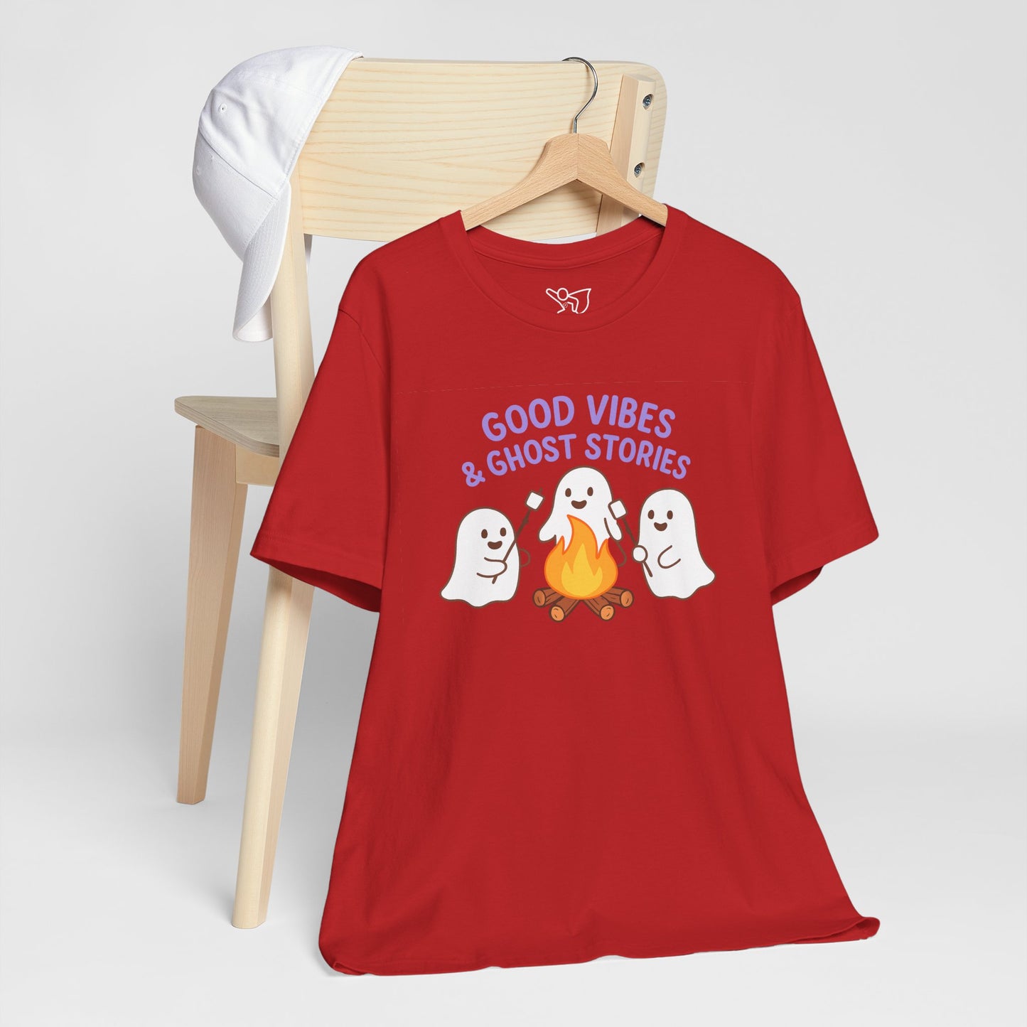 "Good Vibes & Ghost Stories" Unisex Jersey Short Sleeve Shirt for Halloween, Campfire Nights, Cozy Gatherings, Spirit Enthusiasts