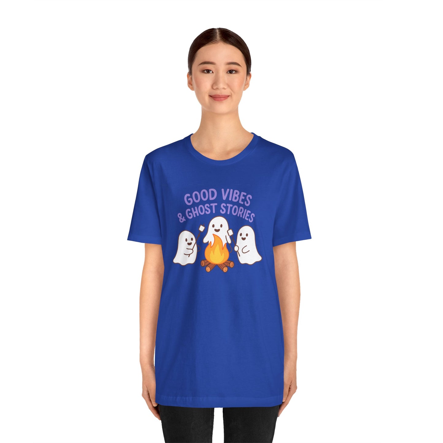 "Good Vibes & Ghost Stories" Unisex Jersey Short Sleeve Shirt for Halloween, Campfire Nights, Cozy Gatherings, Spirit Enthusiasts
