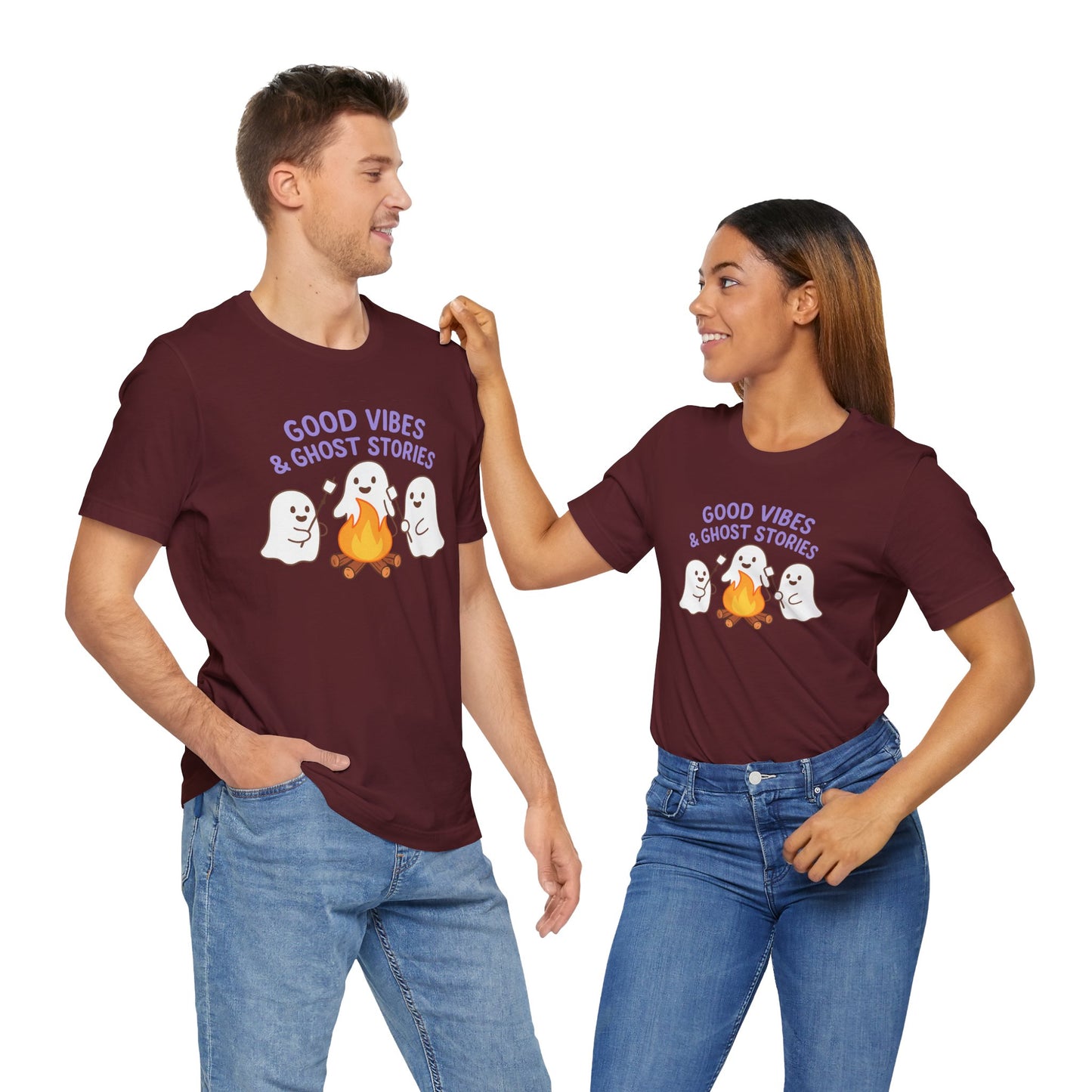 "Good Vibes & Ghost Stories" Unisex Jersey Short Sleeve Shirt for Halloween, Campfire Nights, Cozy Gatherings, Spirit Enthusiasts