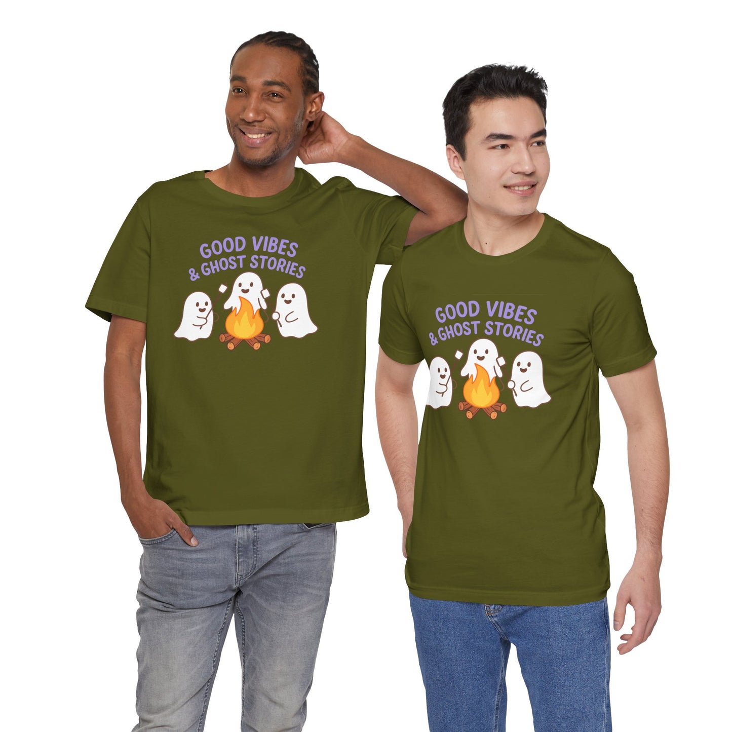 "Good Vibes & Ghost Stories" Unisex Jersey Short Sleeve Shirt for Halloween, Campfire Nights, Cozy Gatherings, Spirit Enthusiasts