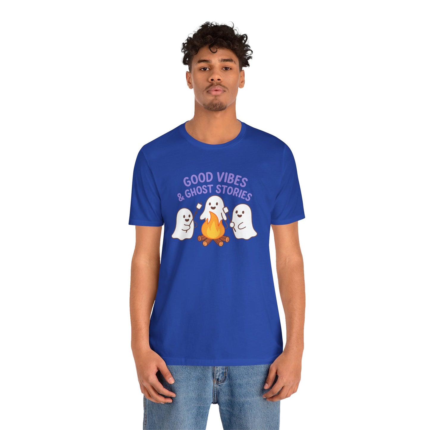 "Good Vibes & Ghost Stories" Unisex Jersey Short Sleeve Shirt for Halloween, Campfire Nights, Cozy Gatherings, Spirit Enthusiasts