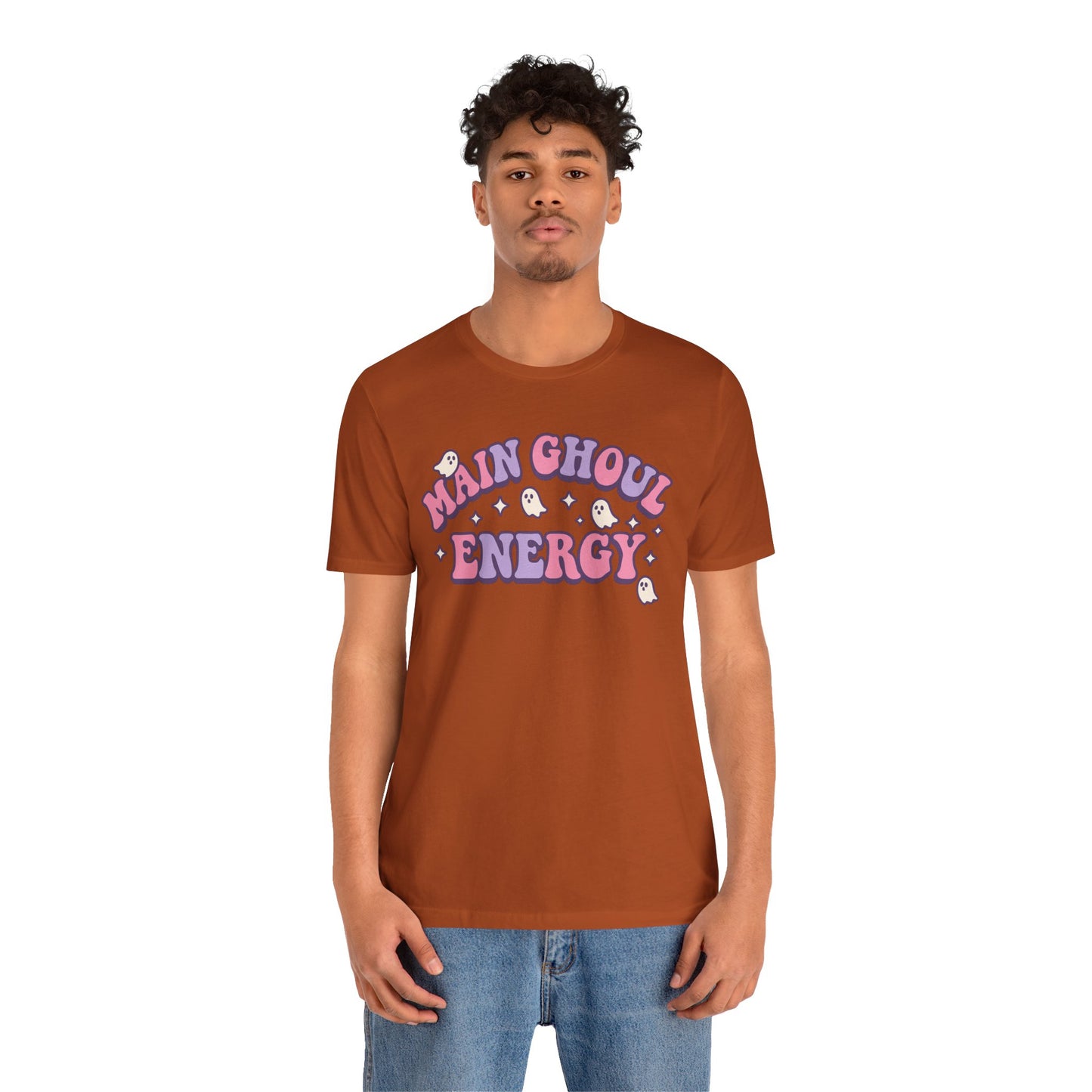 "Main Ghoul Energy" Unisex Short Sleeve T-Shirt, Halloween Party Shirt, Cute Graphic Tee, Gift for Ghost Lovers, Trendy Casual Wear