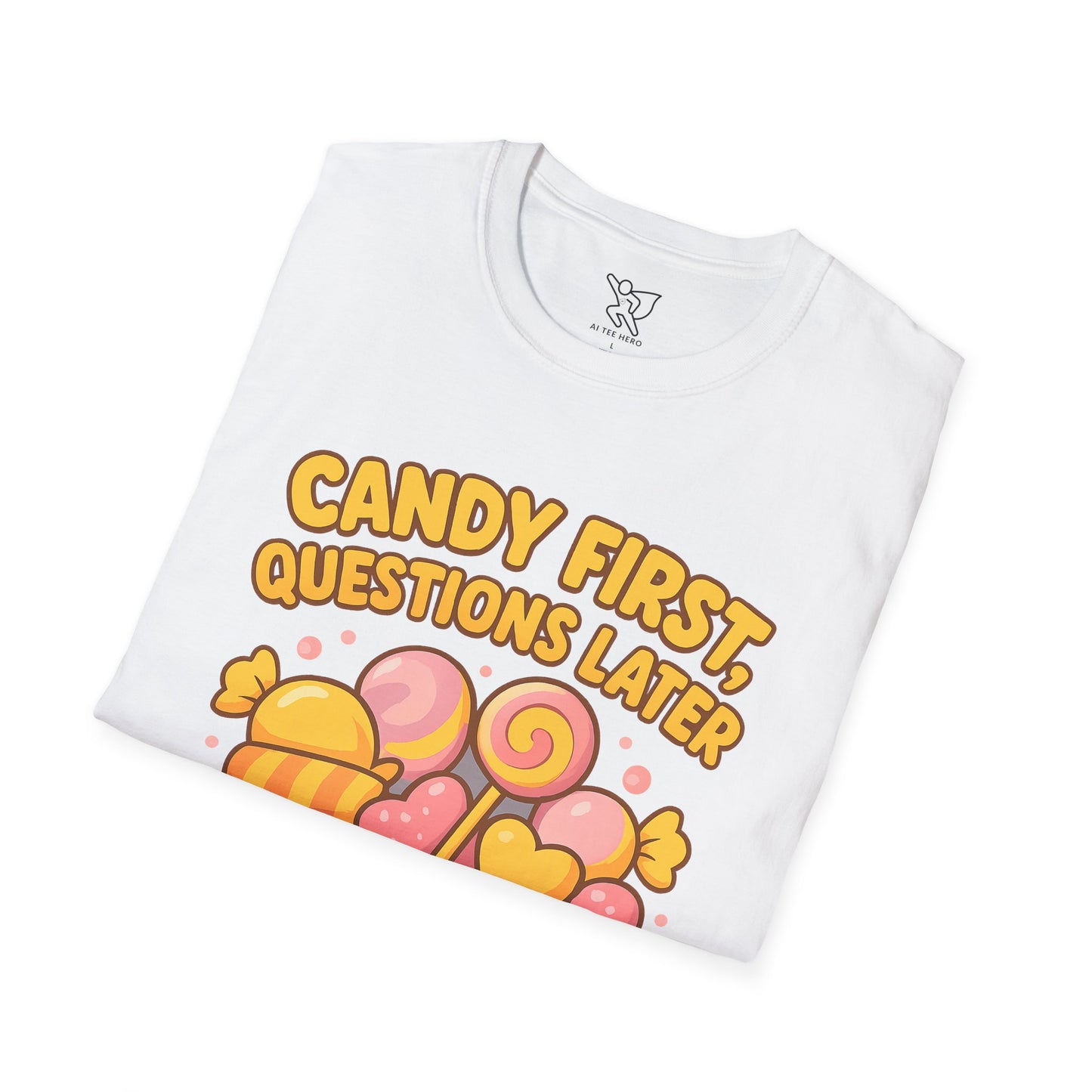 "Candy First, Questions Later" Unisex T-Shirt - Playful Graphic Tee, Fun Gift for Candy Lovers, Perfect for Parties, Quirky Fashion
