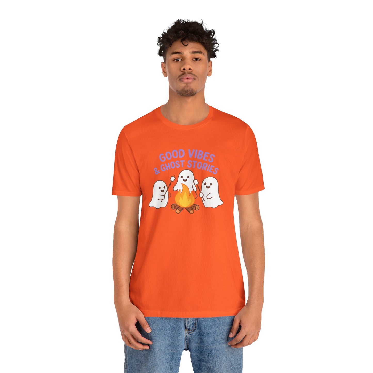 "Good Vibes & Ghost Stories" Unisex Jersey Short Sleeve Shirt for Halloween, Campfire Nights, Cozy Gatherings, Spirit Enthusiasts