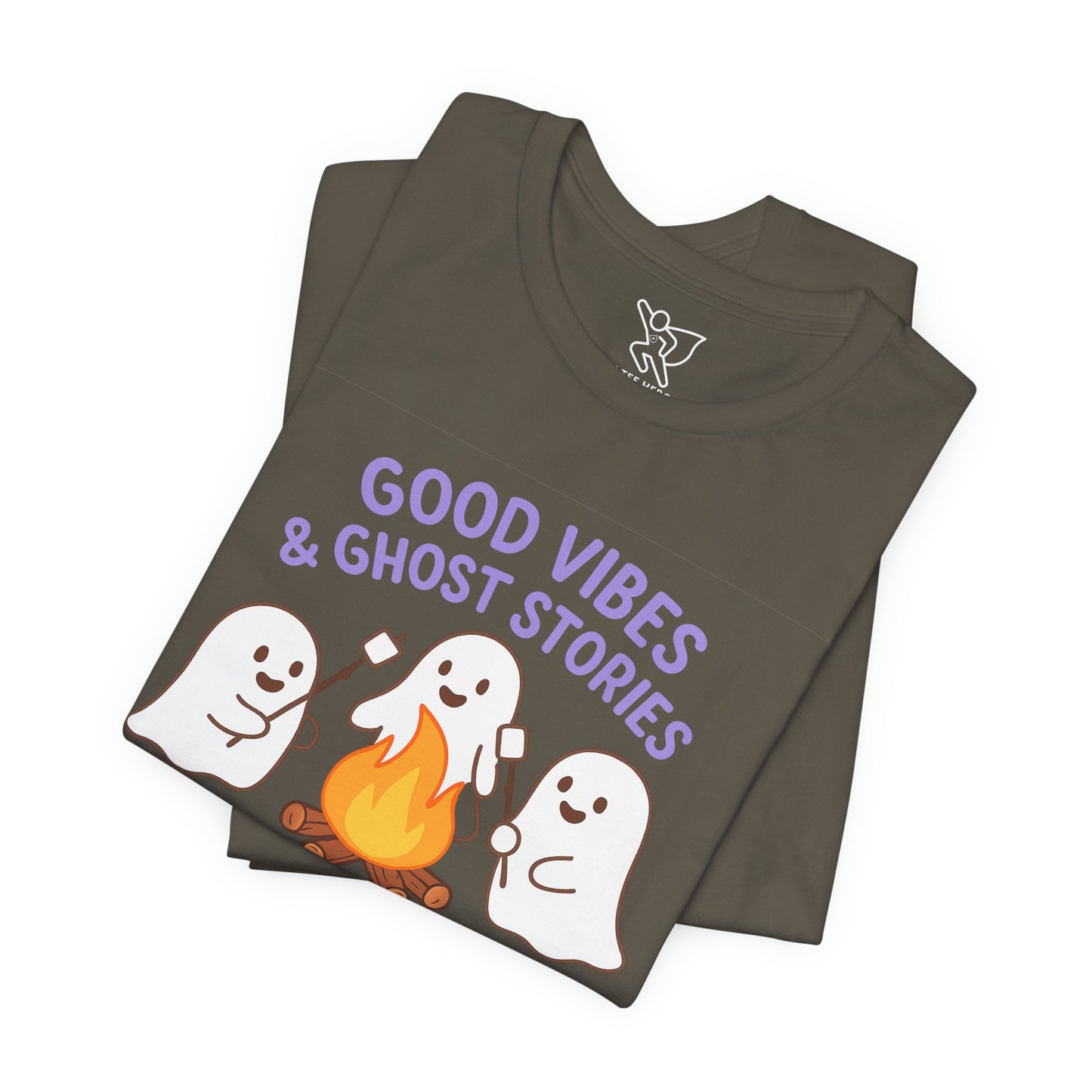 "Good Vibes & Ghost Stories" Unisex Jersey Short Sleeve Shirt for Halloween, Campfire Nights, Cozy Gatherings, Spirit Enthusiasts