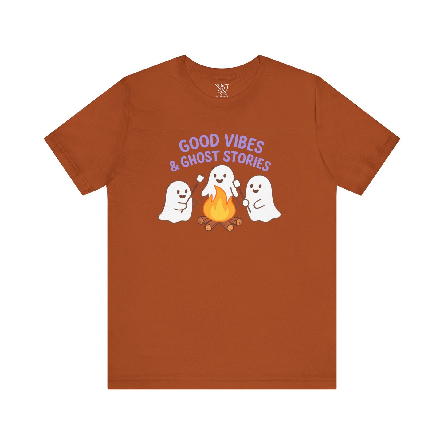 "Good Vibes & Ghost Stories" Unisex Jersey Short Sleeve Shirt for Halloween, Campfire Nights, Cozy Gatherings, Spirit Enthusiasts