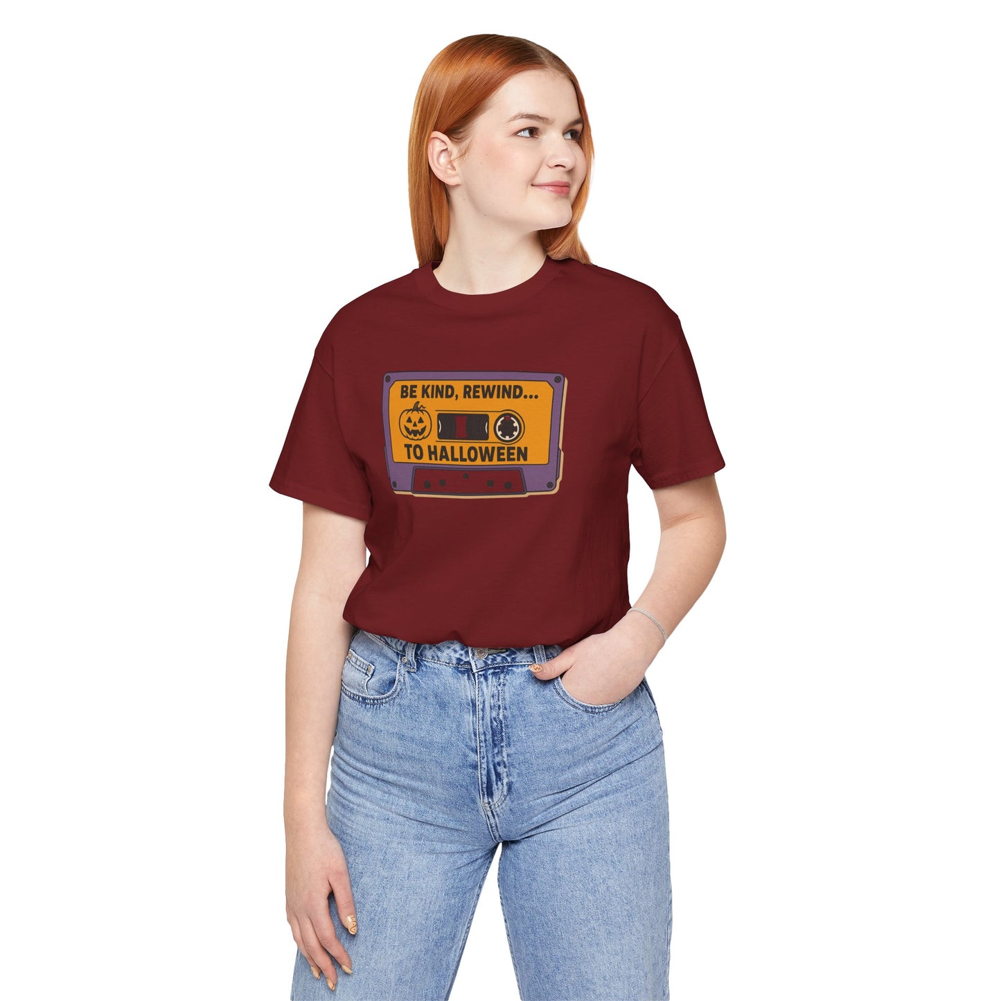 "Be Kind, Rewind to Halloween" T-Shirt, Unisex Casual Wear, Spooky Season Top, Vintage Style Shirt