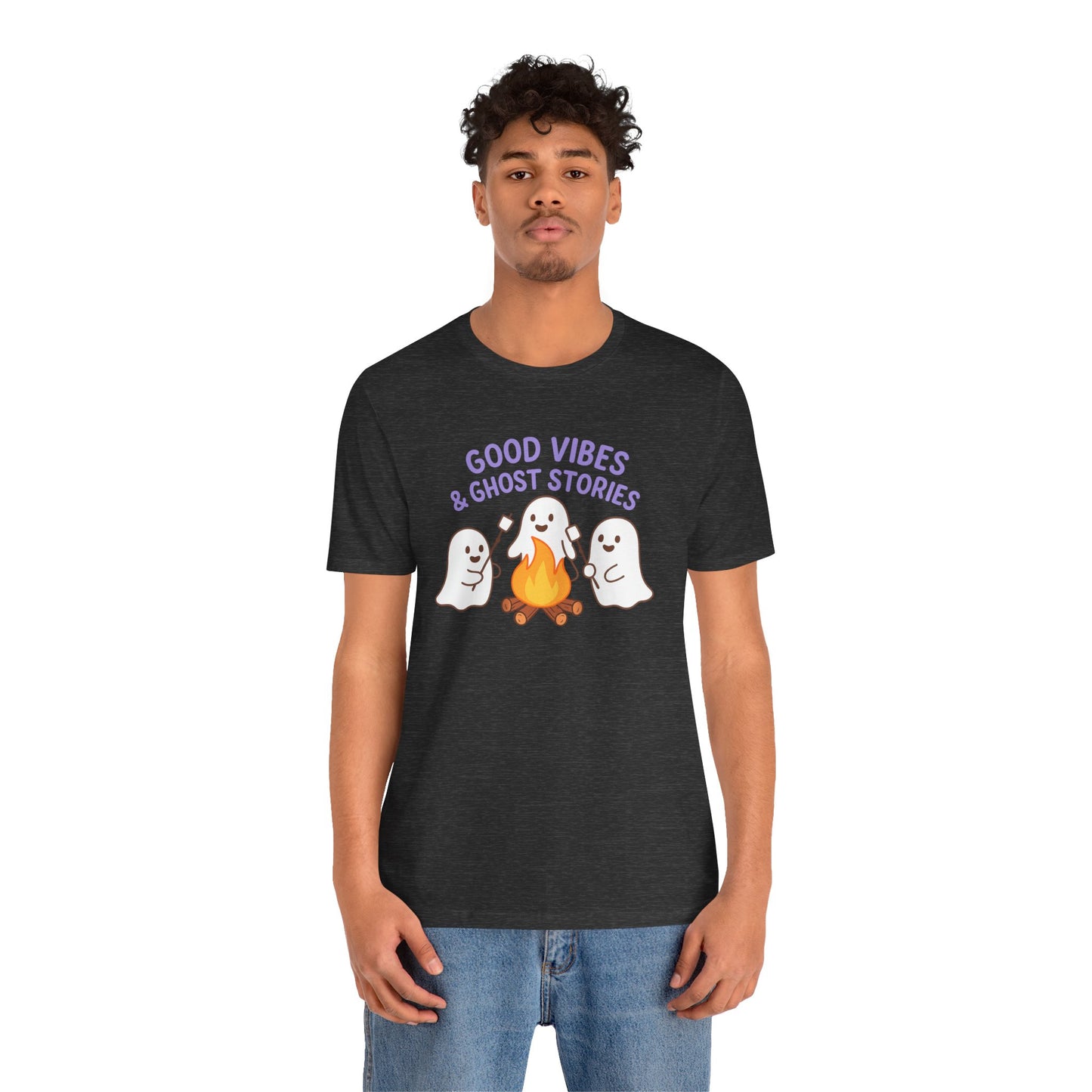 "Good Vibes & Ghost Stories" Unisex Jersey Short Sleeve Shirt for Halloween, Campfire Nights, Cozy Gatherings, Spirit Enthusiasts