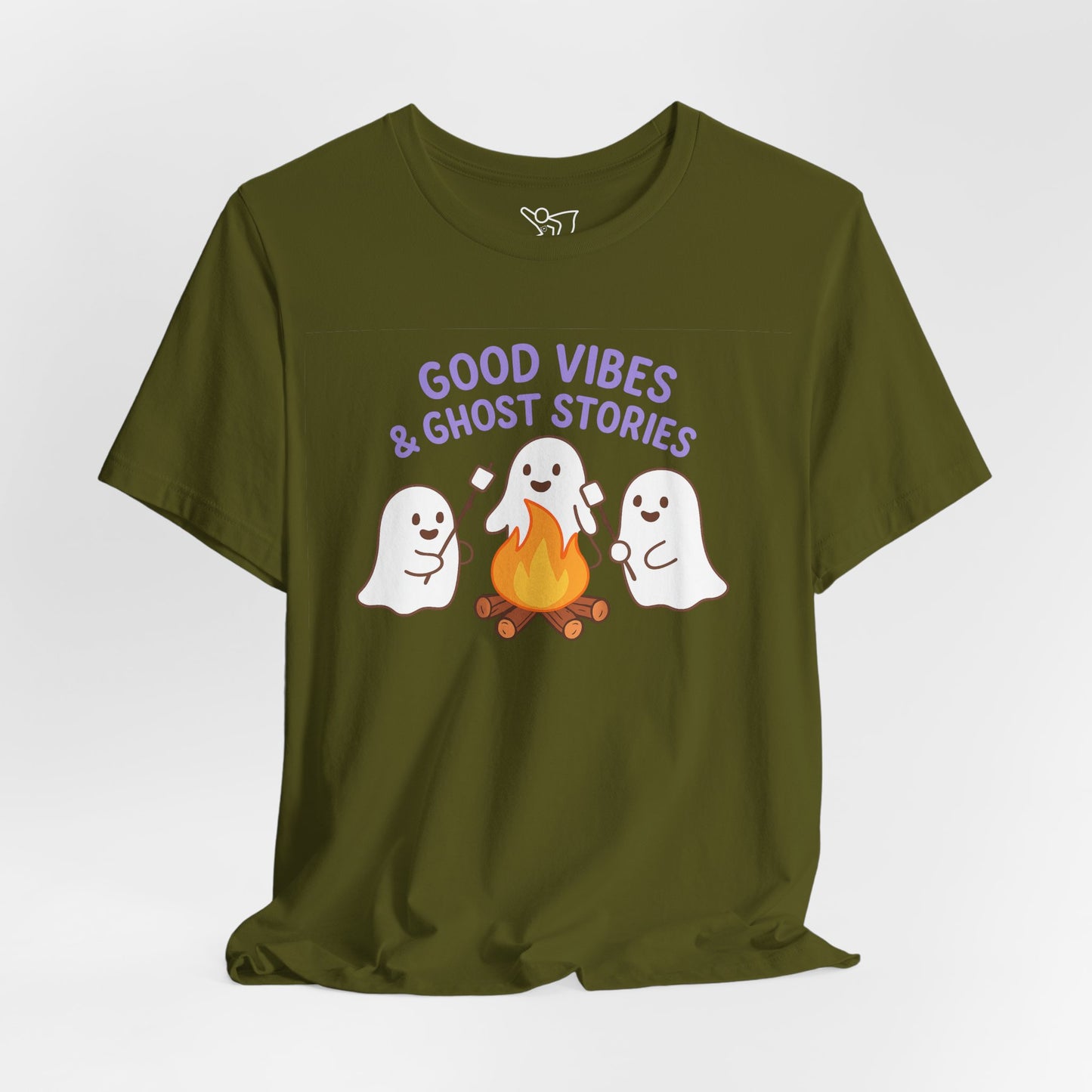 "Good Vibes & Ghost Stories" Unisex Jersey Short Sleeve Shirt for Halloween, Campfire Nights, Cozy Gatherings, Spirit Enthusiasts