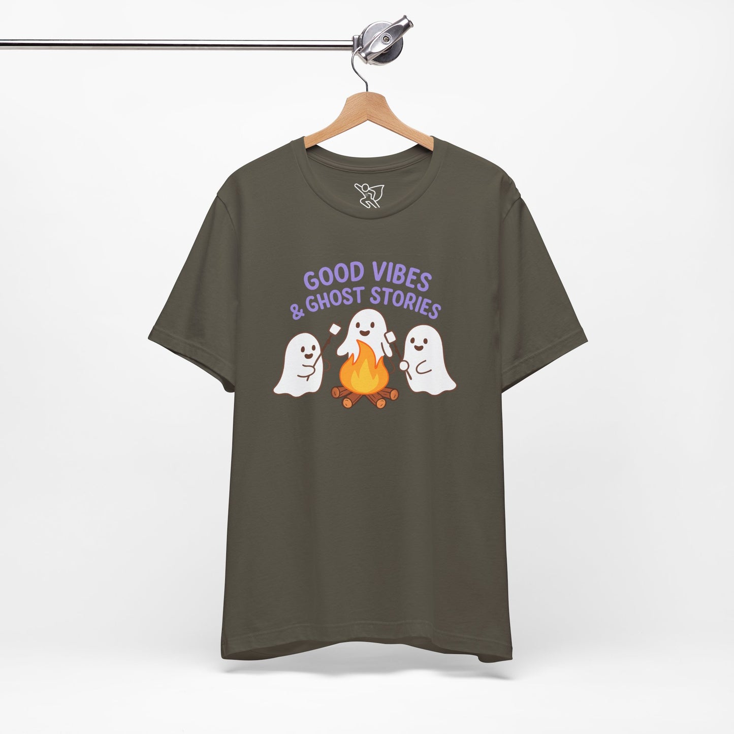 "Good Vibes & Ghost Stories" Unisex Jersey Short Sleeve Shirt for Halloween, Campfire Nights, Cozy Gatherings, Spirit Enthusiasts
