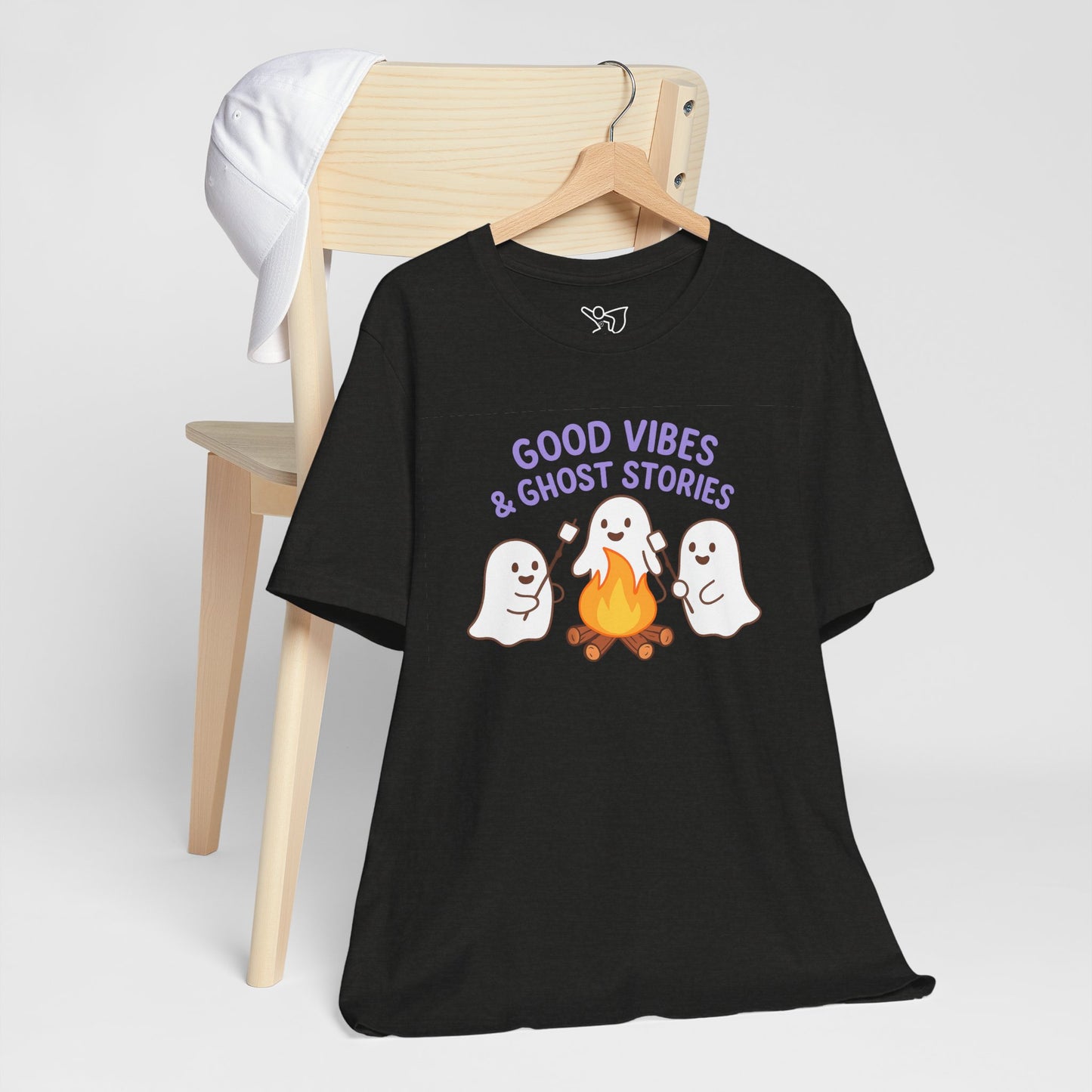 "Good Vibes & Ghost Stories" Unisex Jersey Short Sleeve Shirt for Halloween, Campfire Nights, Cozy Gatherings, Spirit Enthusiasts