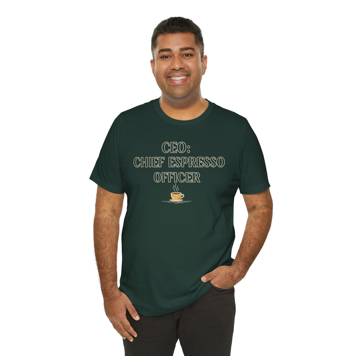 "CEO: Chief Espresso Officer" CW-1 Unisex Jersey T-Shirt for Baristas, Funny Coffee Shirt for Gifts, Perfect for Birthdays, Coffee Shop Outfits