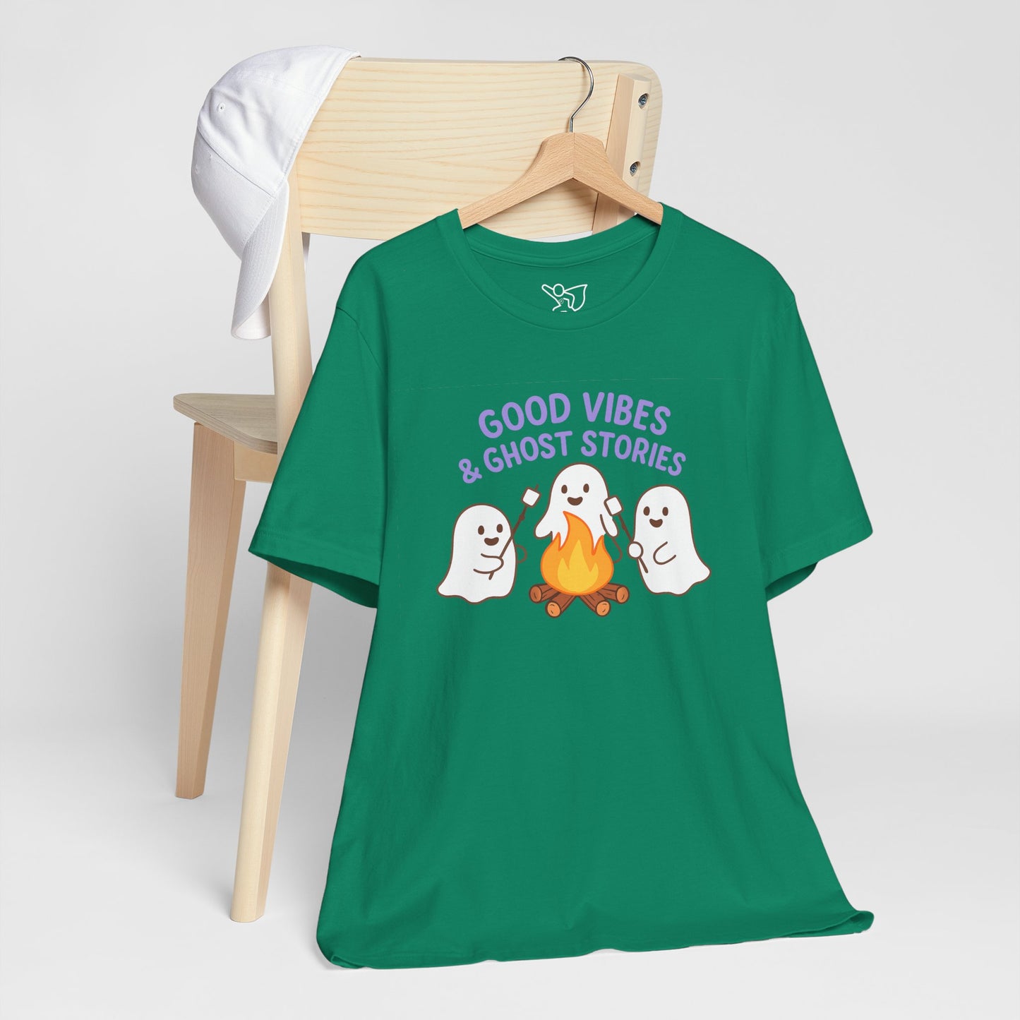 "Good Vibes & Ghost Stories" Unisex Jersey Short Sleeve Shirt for Halloween, Campfire Nights, Cozy Gatherings, Spirit Enthusiasts