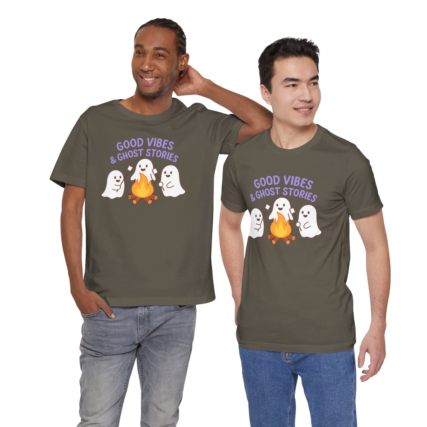 "Good Vibes & Ghost Stories" Unisex Jersey Short Sleeve Shirt for Halloween, Campfire Nights, Cozy Gatherings, Spirit Enthusiasts