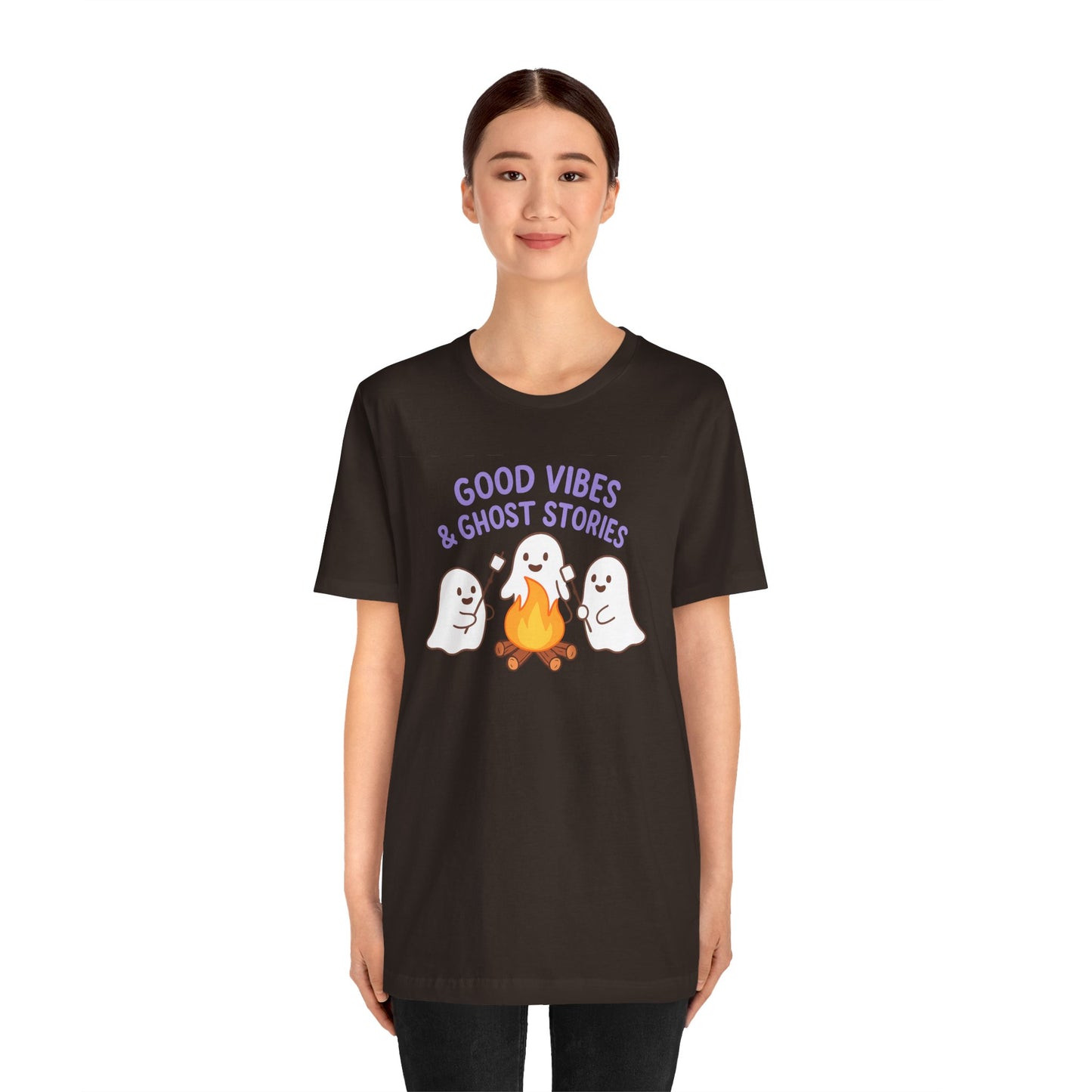 "Good Vibes & Ghost Stories" Unisex Jersey Short Sleeve Shirt for Halloween, Campfire Nights, Cozy Gatherings, Spirit Enthusiasts