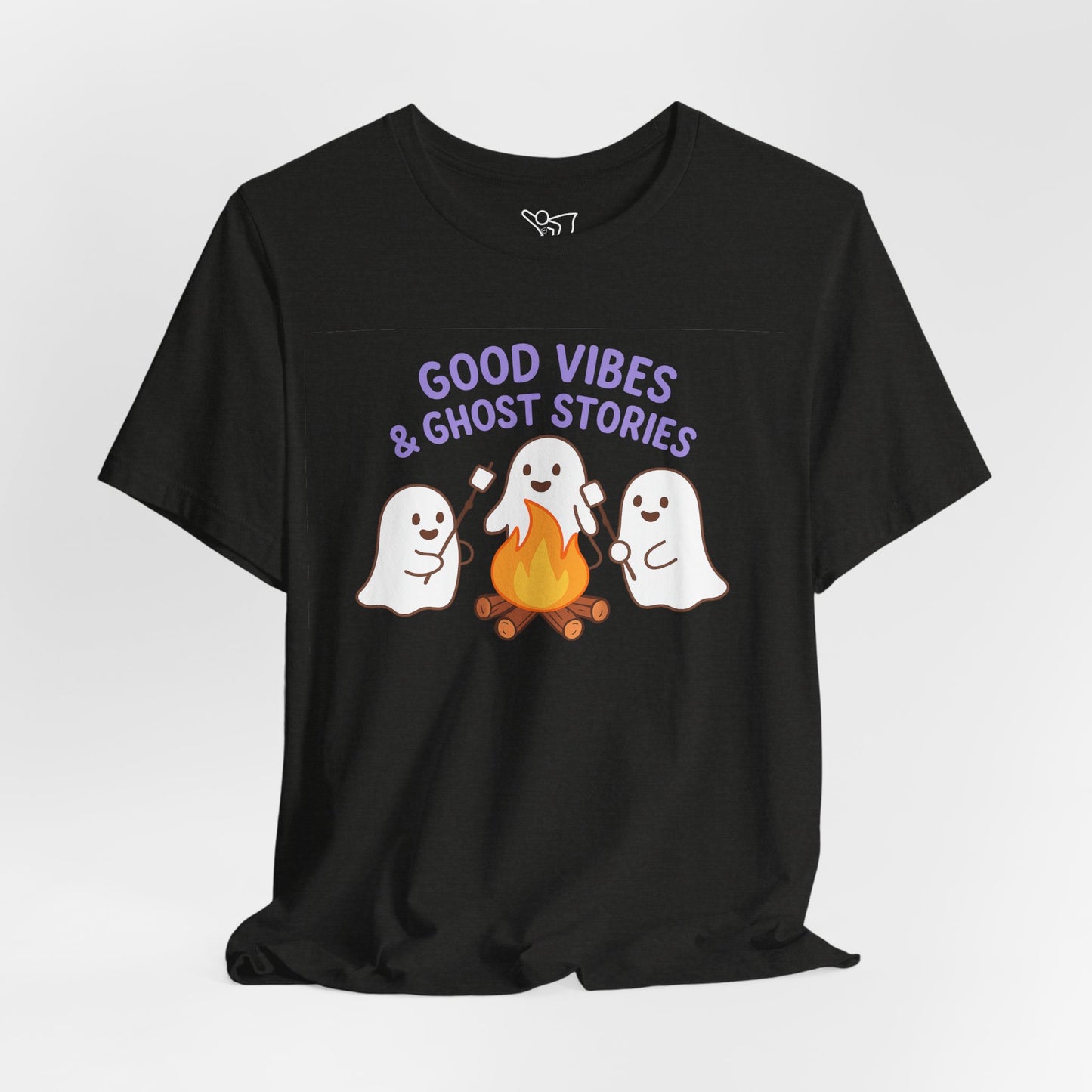 "Good Vibes & Ghost Stories" Unisex Jersey Short Sleeve Shirt for Halloween, Campfire Nights, Cozy Gatherings, Spirit Enthusiasts