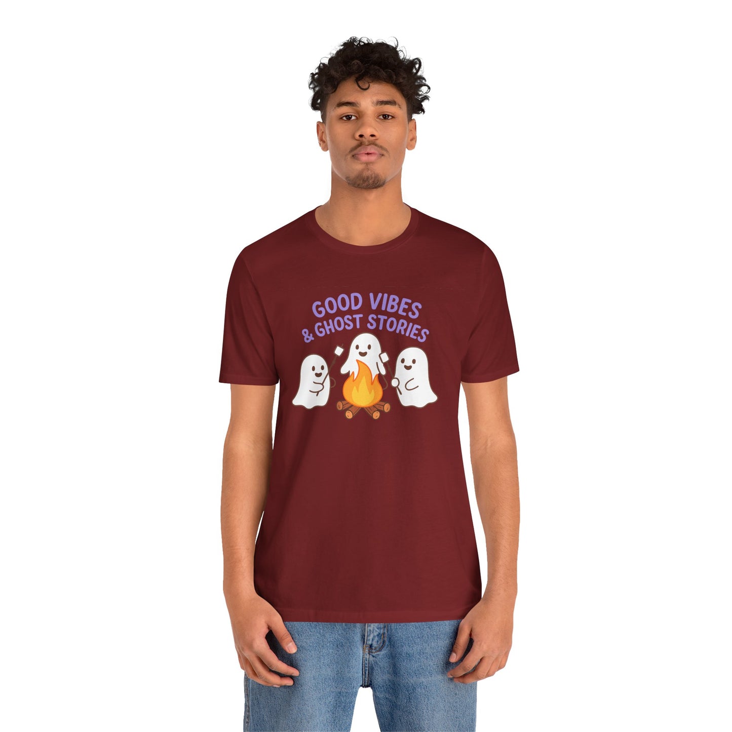 "Good Vibes & Ghost Stories" Unisex Jersey Short Sleeve Shirt for Halloween, Campfire Nights, Cozy Gatherings, Spirit Enthusiasts