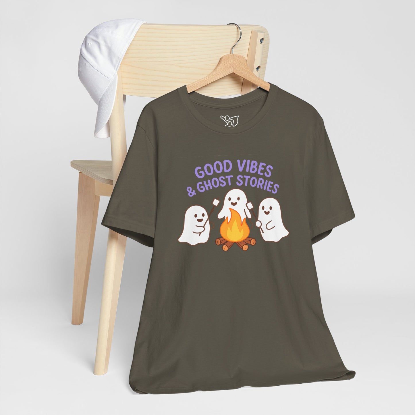 "Good Vibes & Ghost Stories" Unisex Jersey Short Sleeve Shirt for Halloween, Campfire Nights, Cozy Gatherings, Spirit Enthusiasts