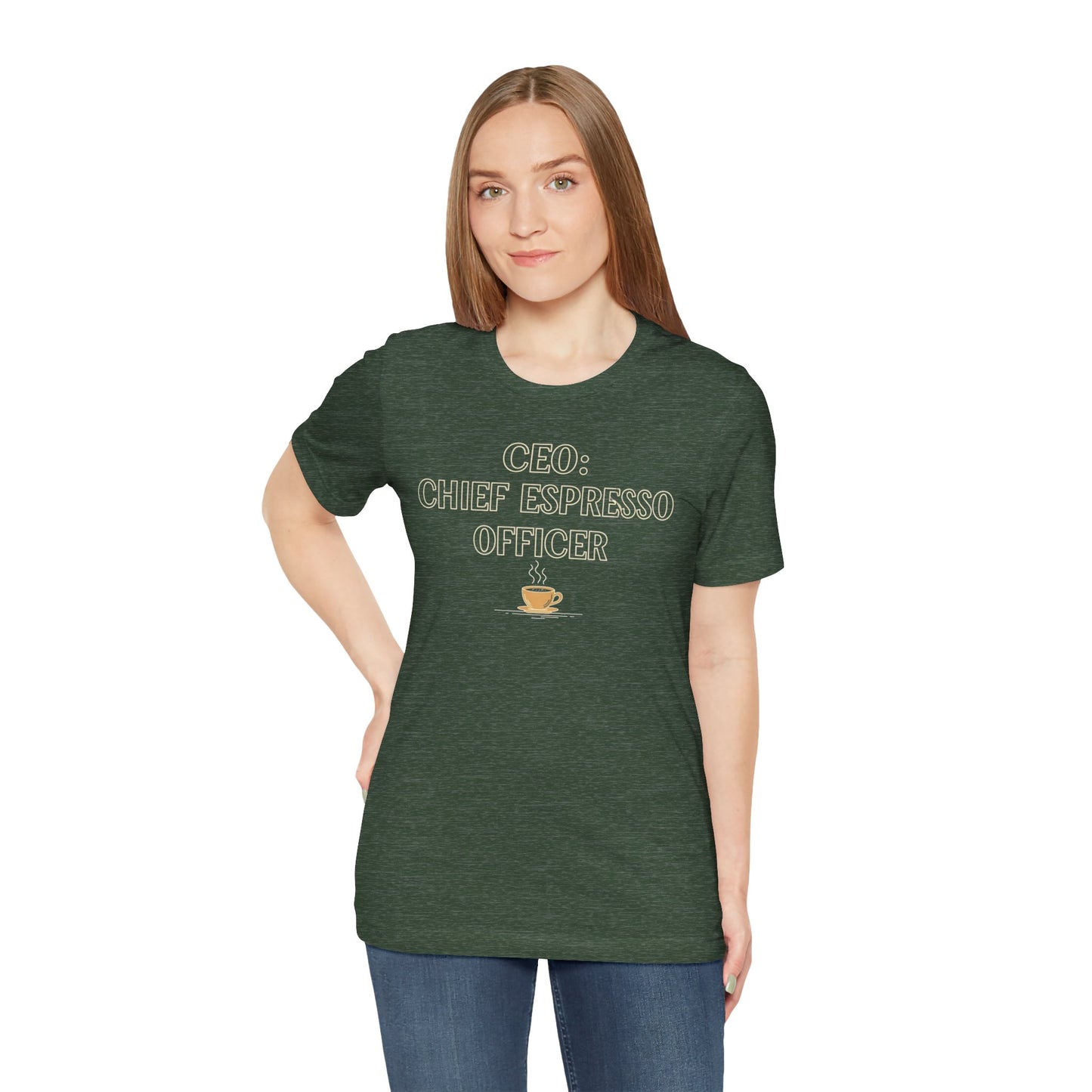 "CEO: Chief Espresso Officer" CW-1 Unisex Jersey T-Shirt for Baristas, Funny Coffee Shirt for Gifts, Perfect for Birthdays, Coffee Shop Outfits